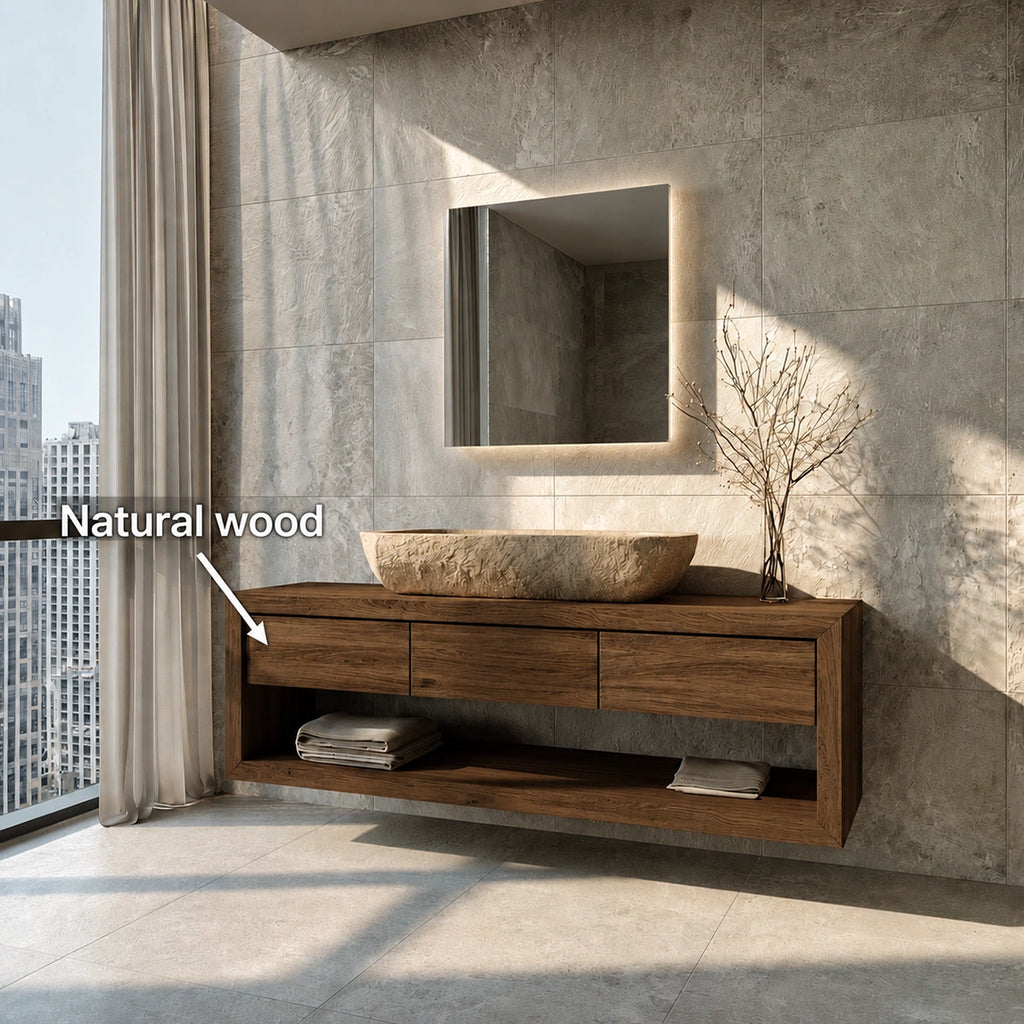 Natural Solid Wood Floating Bathroom Vanity with 3 Drawers and Open Shelf