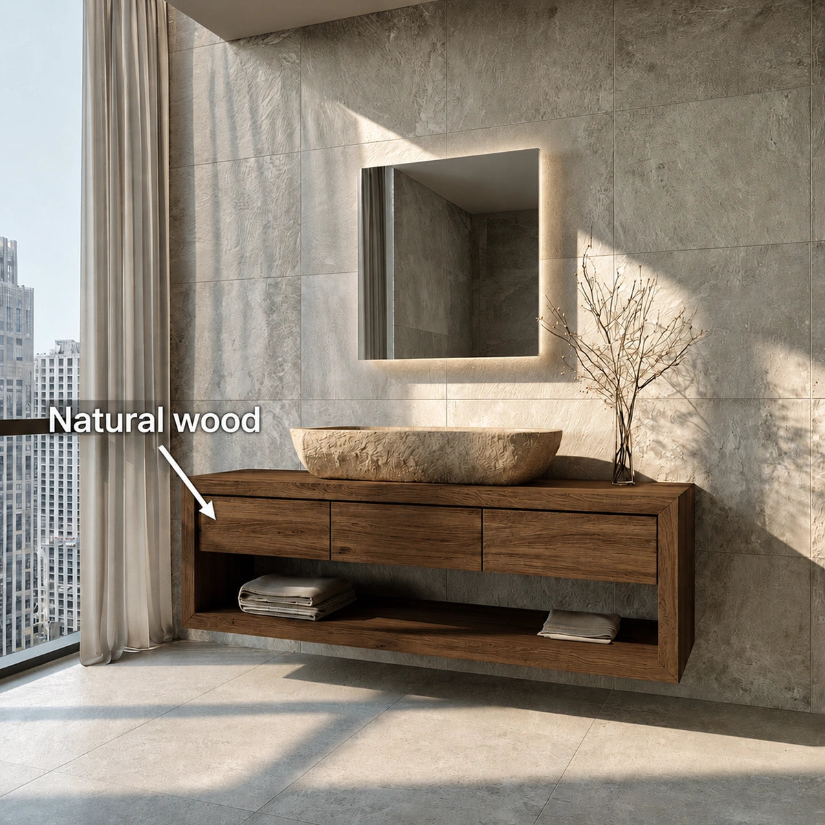 Natural Solid Wood Floating Bathroom Vanity with 3 Drawers and Open Shelf