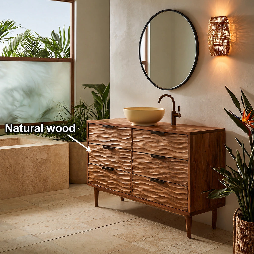 Solid Wood Bathroom Vanity Cabinet with Textured Drawer Fronts – Modern Rustic Floating Sink Console, Walnut Finish Storage Cabinet