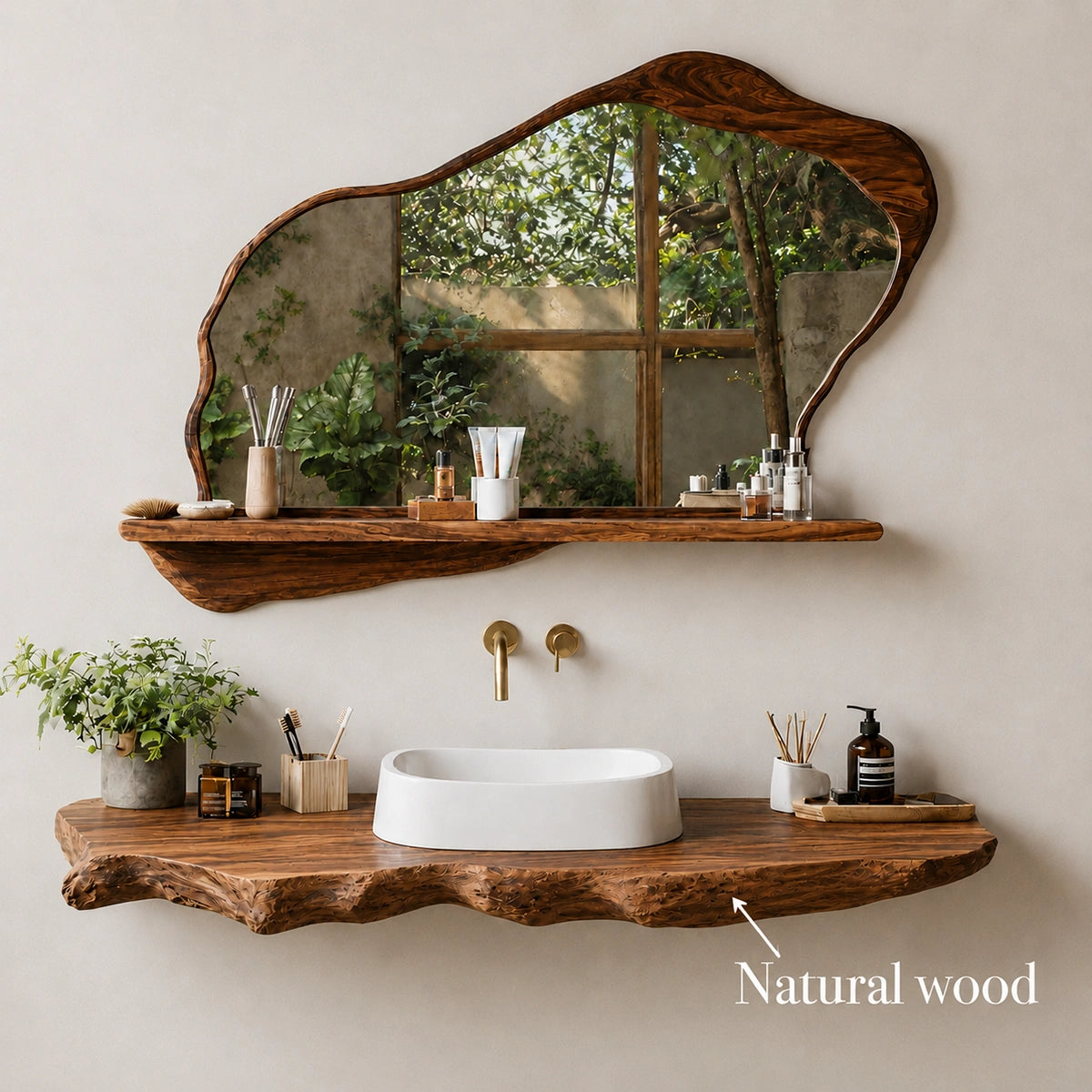 Natural Solid Wood Floating Bathroom Vanity with Sculptural Live Edge Slab