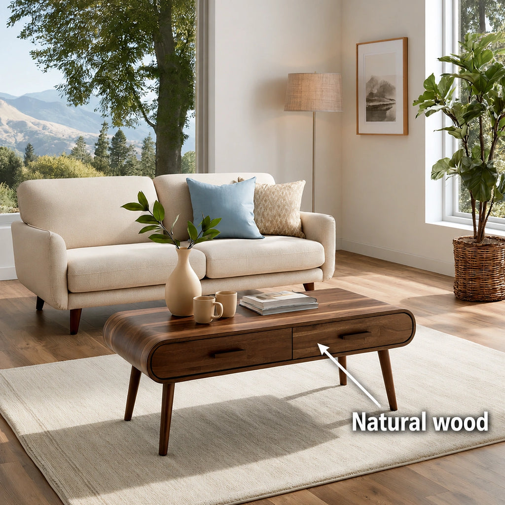 Natural Solid Wood Coffee Table with 2 Drawers – Mid-Century Modern Style