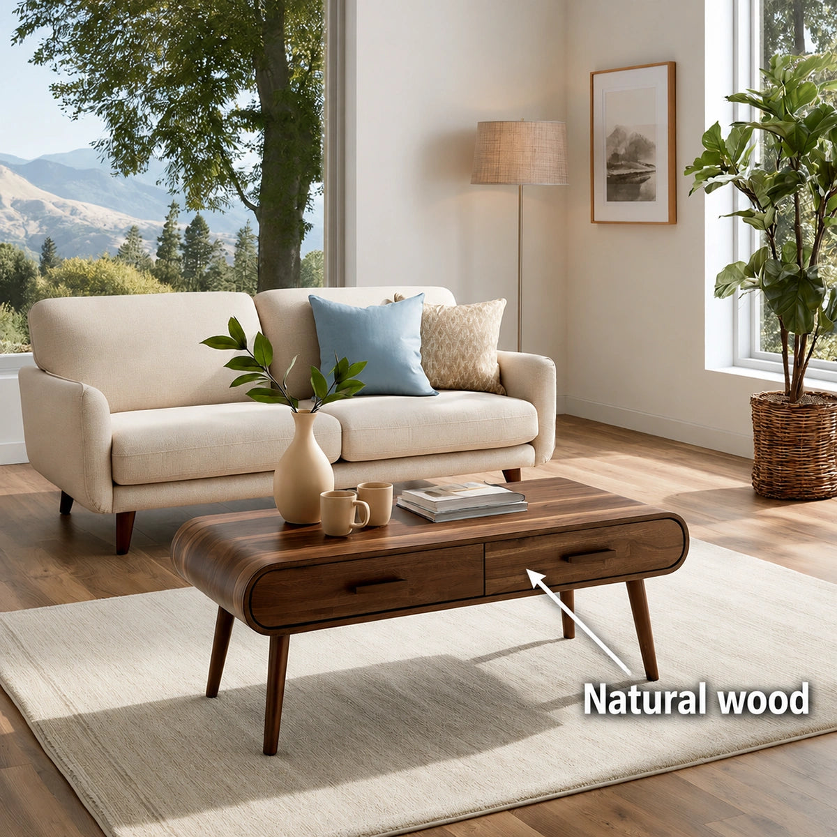 Natural Solid Wood Coffee Table with 2 Drawers – Mid-Century Modern Style