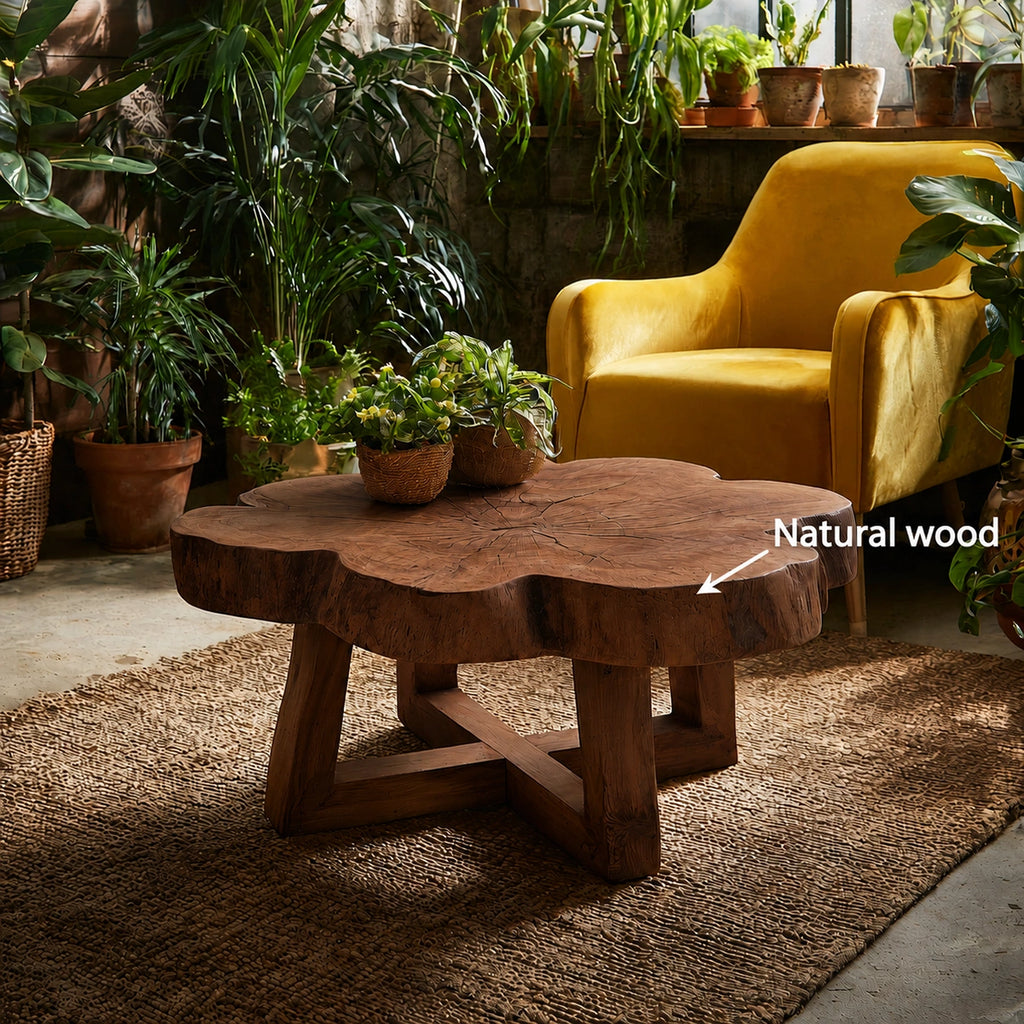 Natural Solid Wood Coffee Table with Organic Live Edge Top and Cross Base