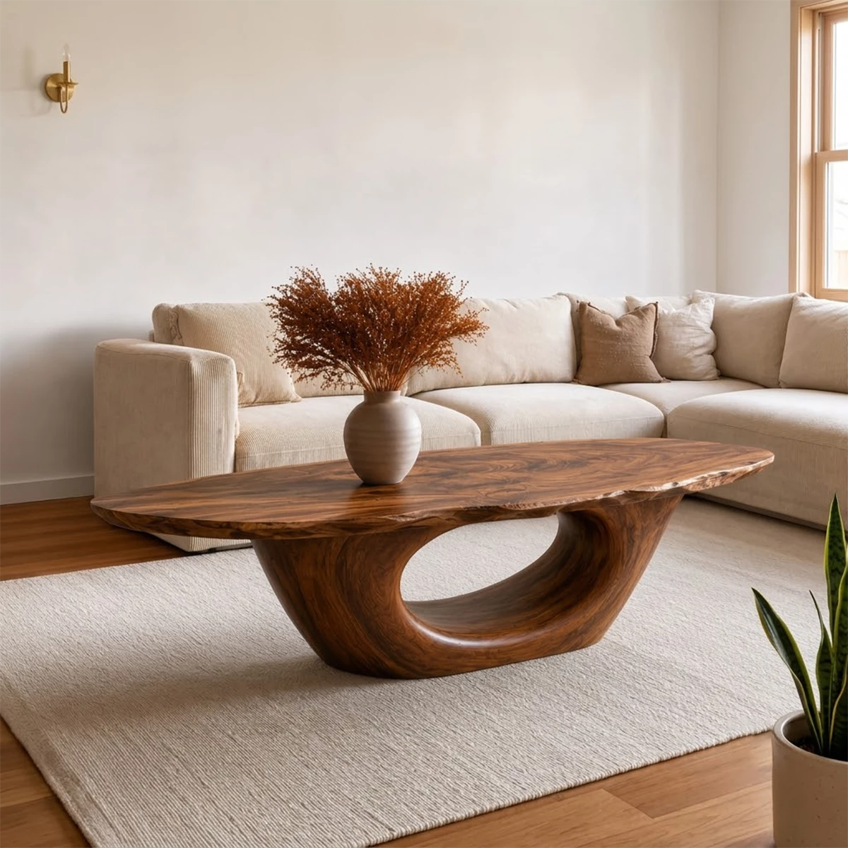 Sculptural Natural Solid Wood Coffee Table for Living Room