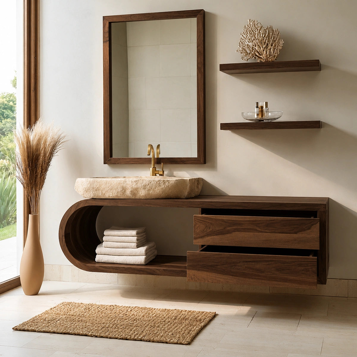 Natural Solid Wood Bathroom Cabinet with 4 Drawers – Wave Front Modern Style