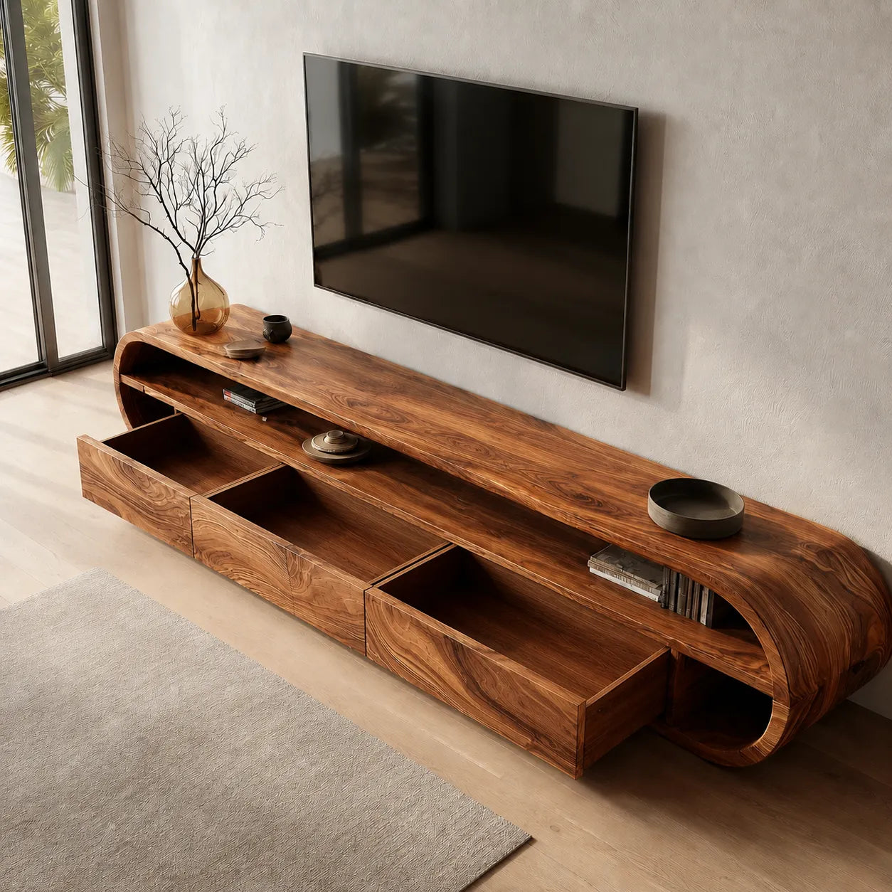 Curved Edge Natural Solid Wood TV Stand with Open Shelf Storage