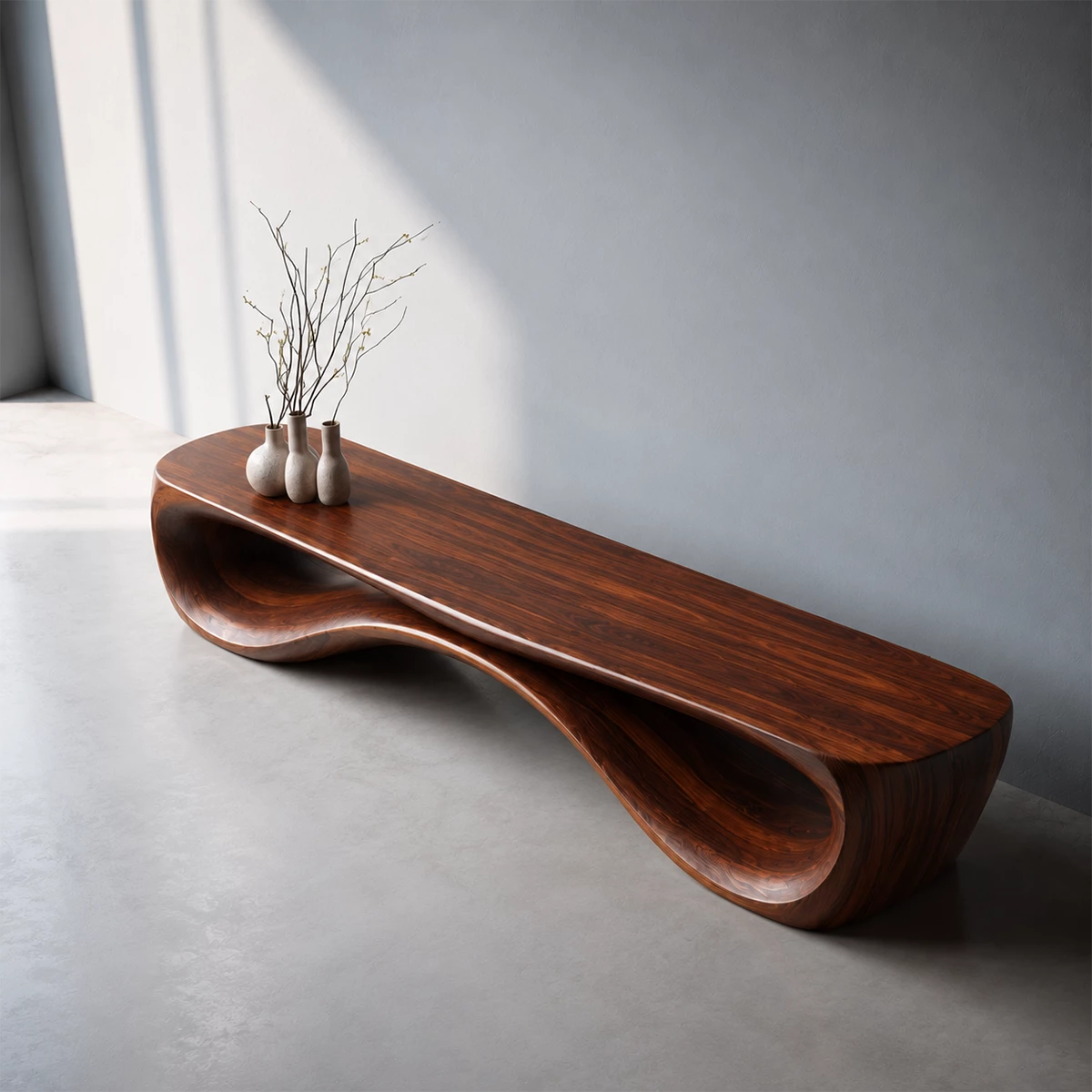 Sculptural Wave Wood Bench – Organic Natural Wood Bench for Modern Interior