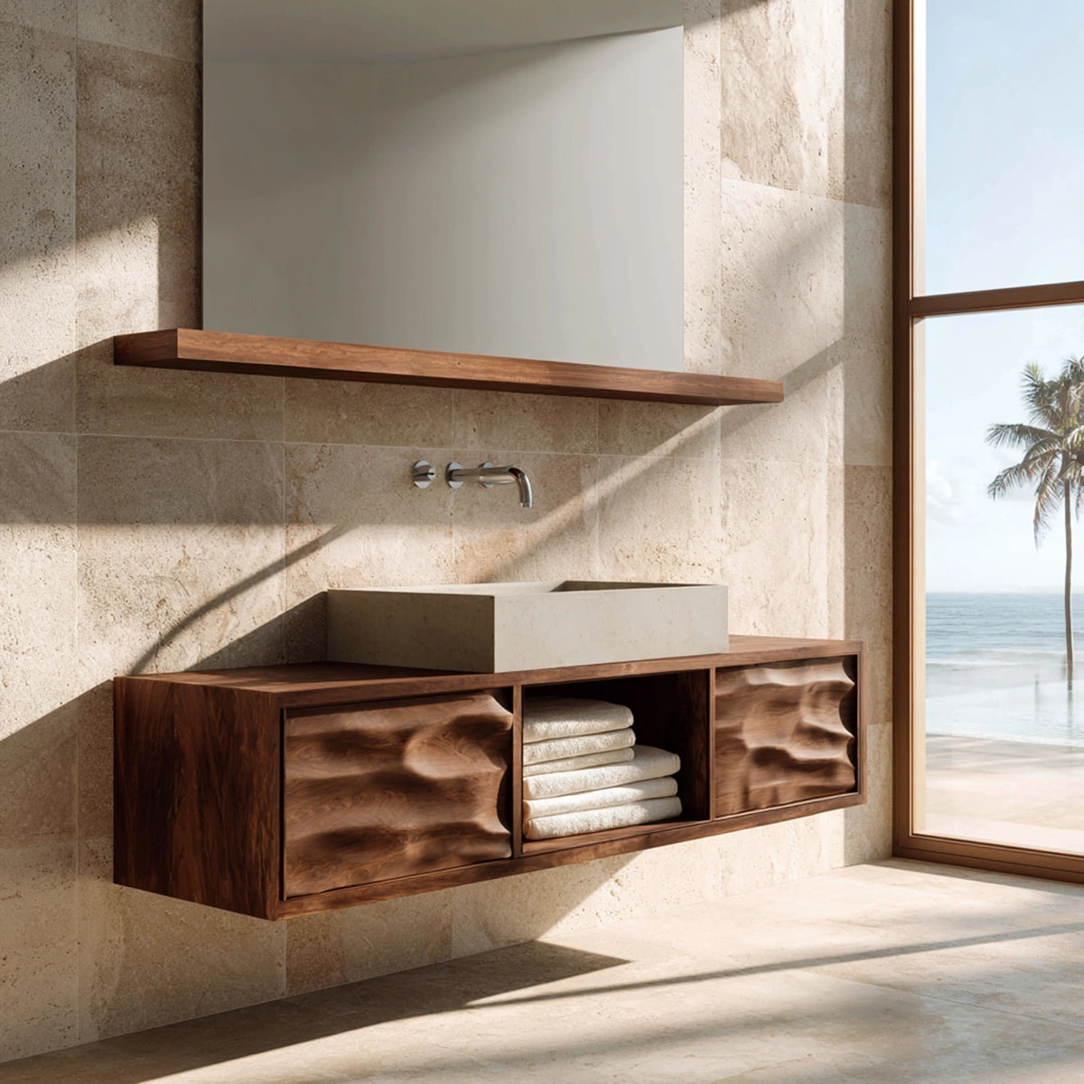 Natural Solid Wood Bathroom Cabinet with 2 Doors and Open Shelf