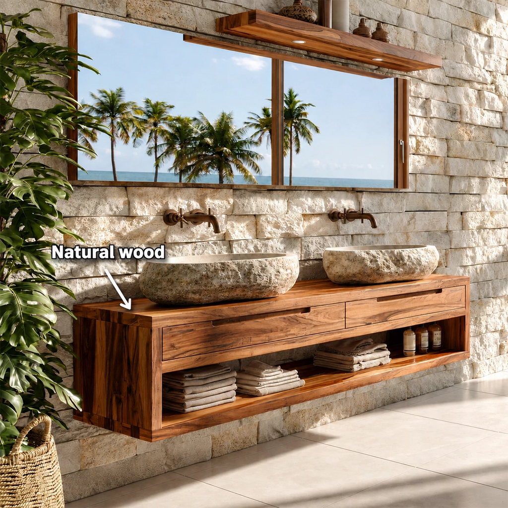 Floating Double Bathroom Vanity With Natural Solid Wood Storage