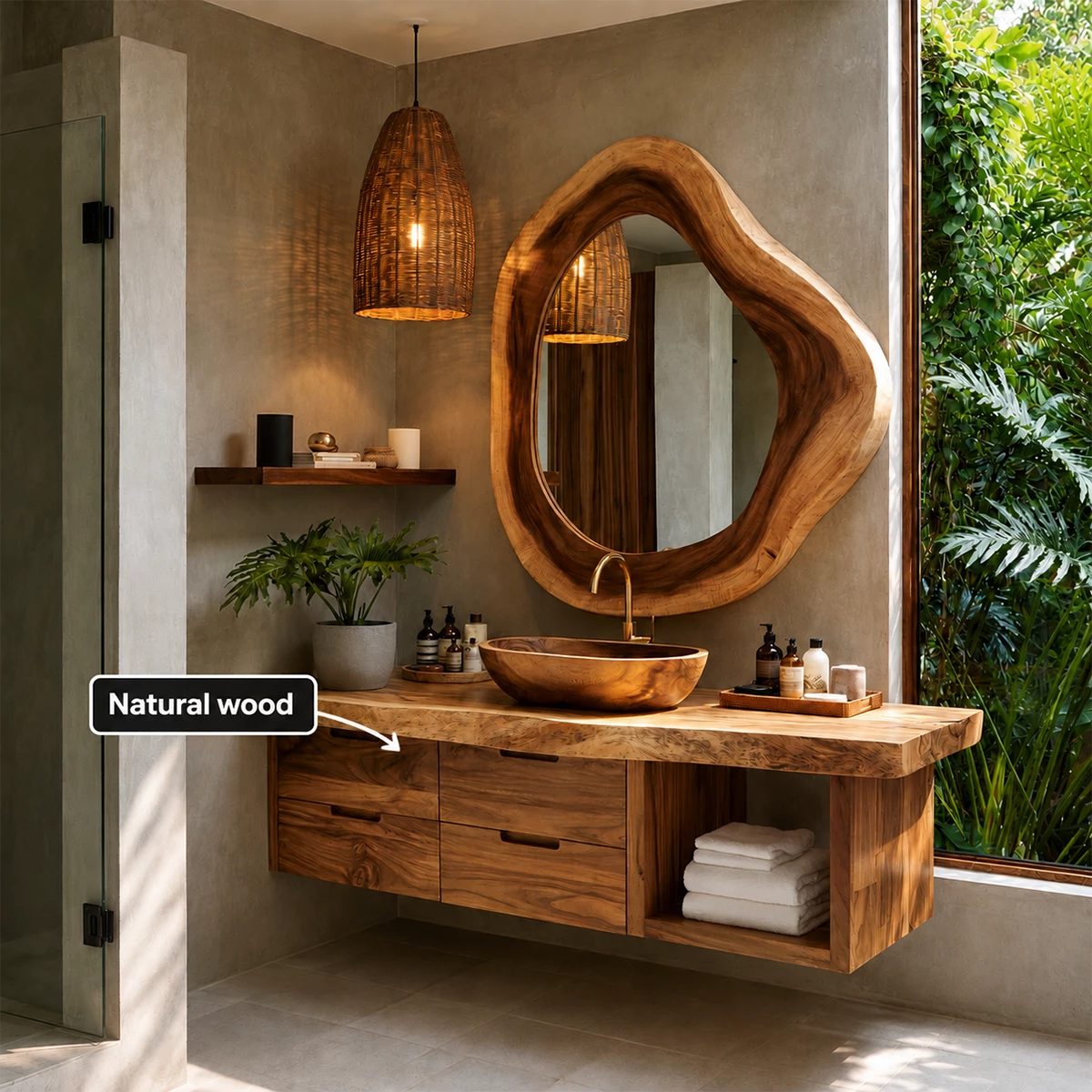 Organic Floating Bathroom Vanity With Sculptural Wood Mirror & Open Storage