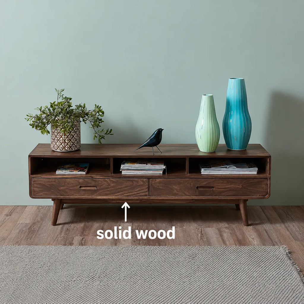 Mid Century Natural Solid Wood TV Stand with Open Shelf Storage