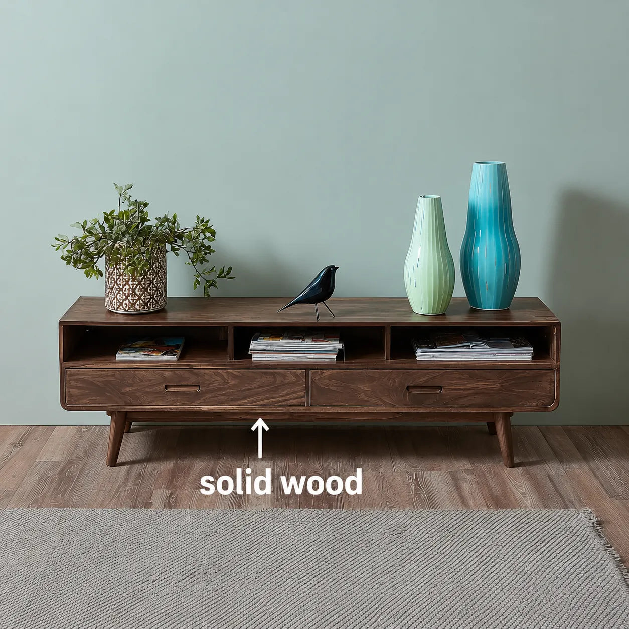 Mid Century Natural Solid Wood TV Stand with Open Shelf Storage