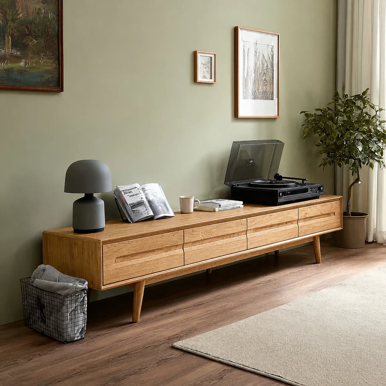 Low Profile Natural Solid Wood TV Stand with Tapered Legs and Drawers