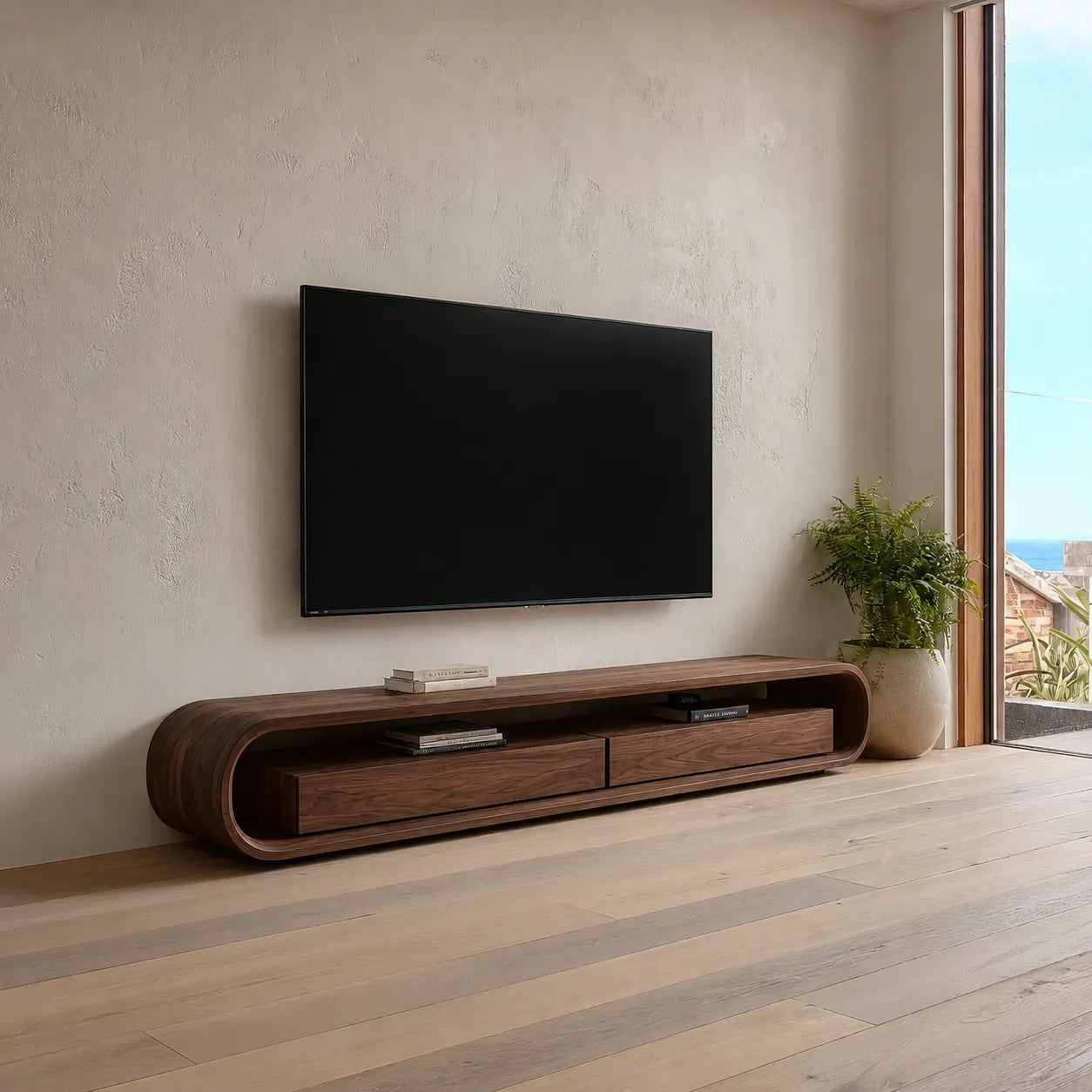 Capsule Natural Solid Wood TV Stand with Open Shelf Media Storage