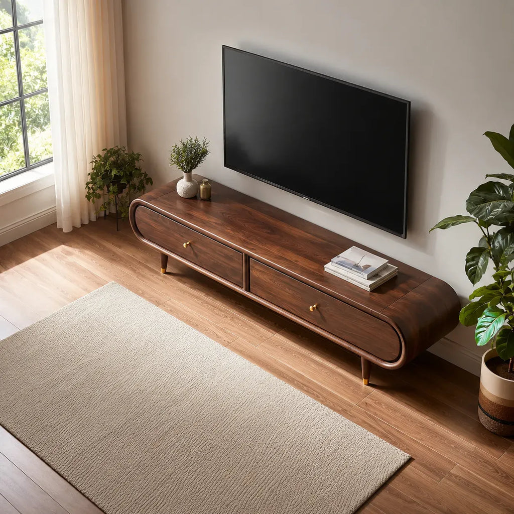Curved Edge TV Stand with Dual Drawer Storage and Rounded Profile