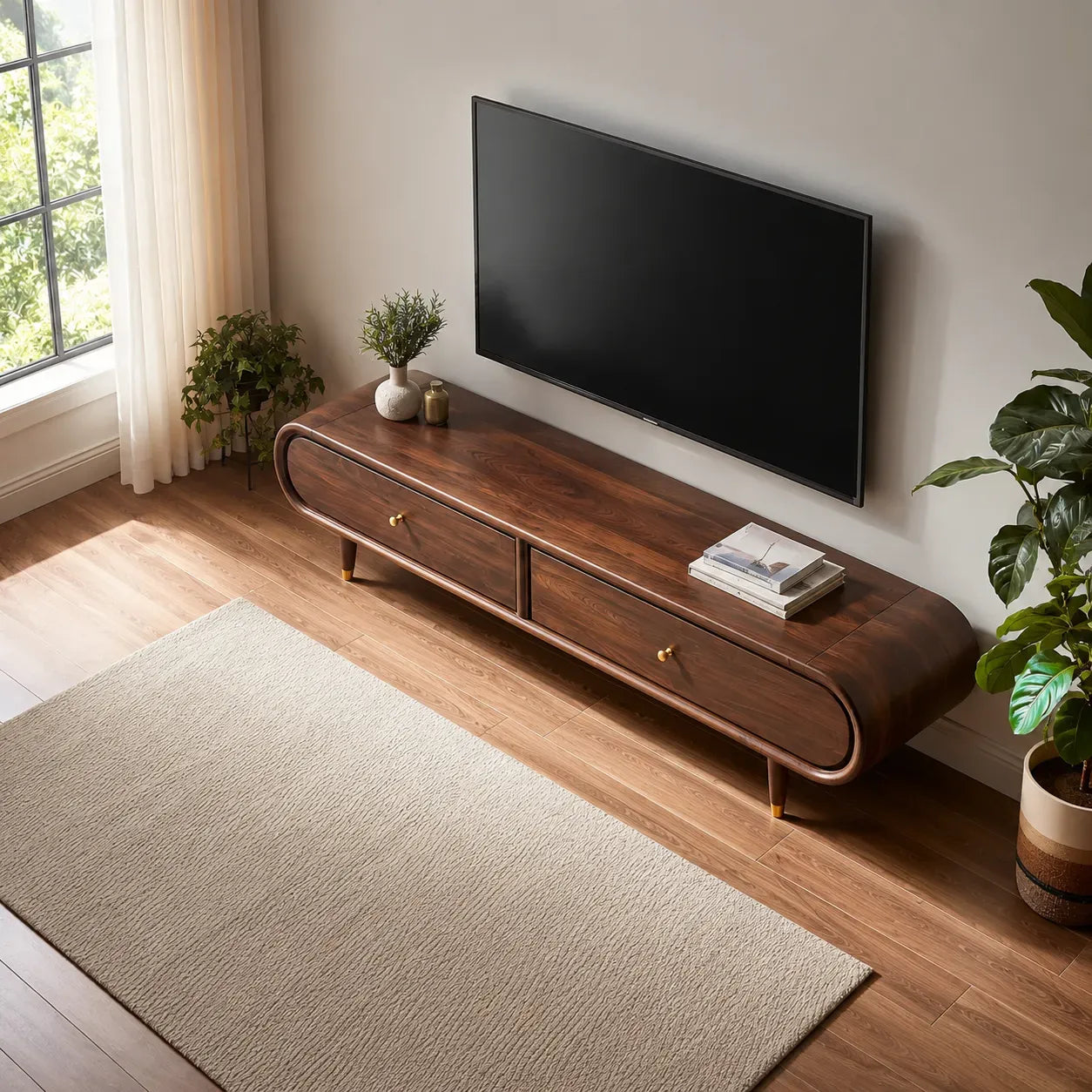 Curved Edge TV Stand with Dual Drawer Storage and Rounded Profile