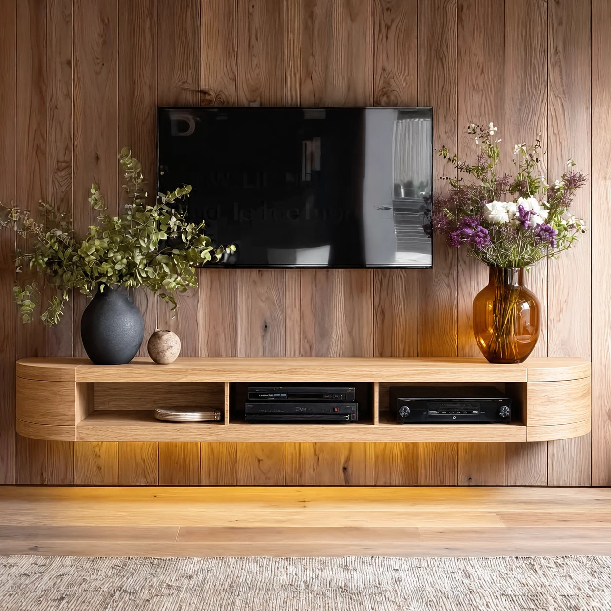 Wall Mounted Natural Solid Wood TV Stand with Open Media Storage Design