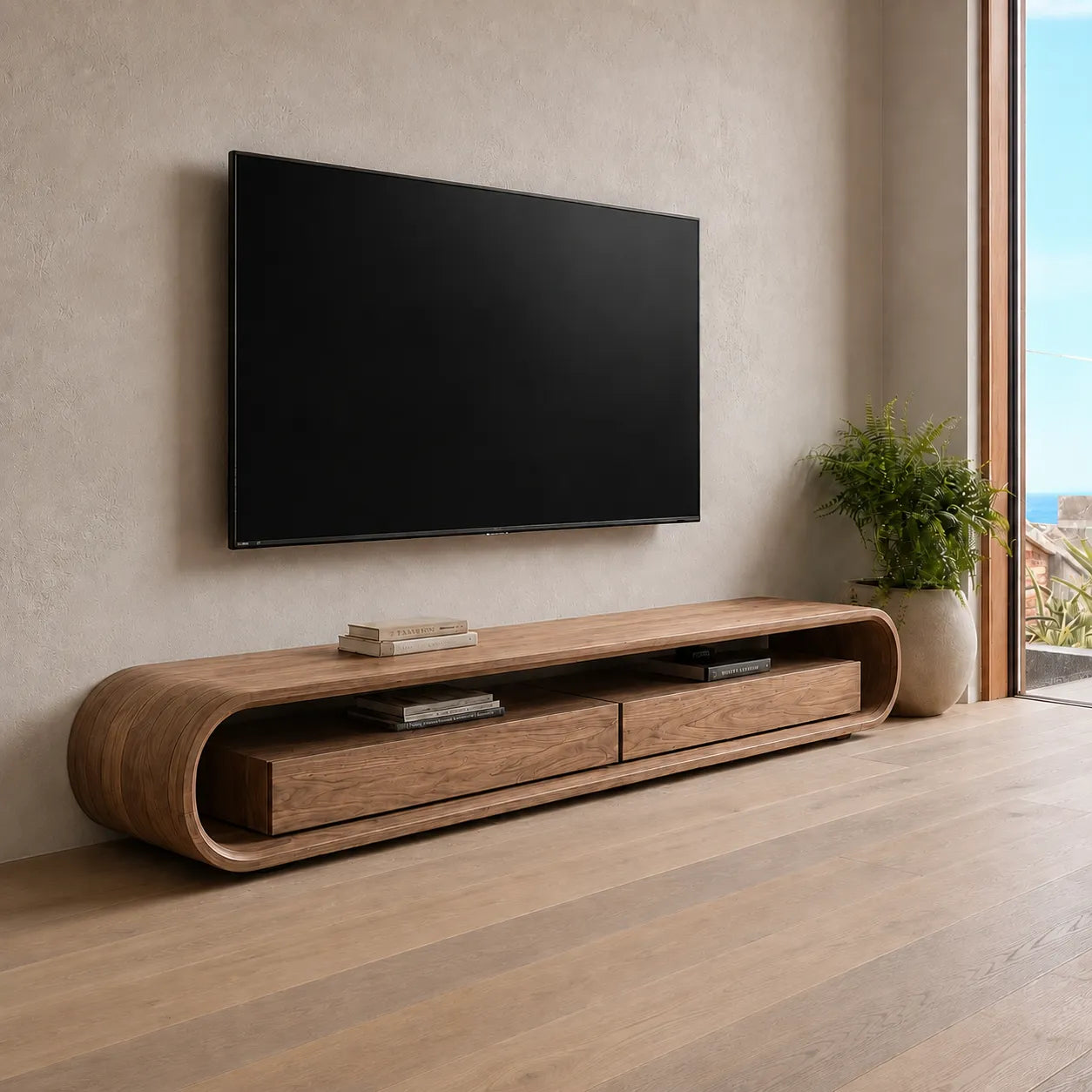 Capsule Natural Solid Wood TV Stand with Open Shelf Media Storage