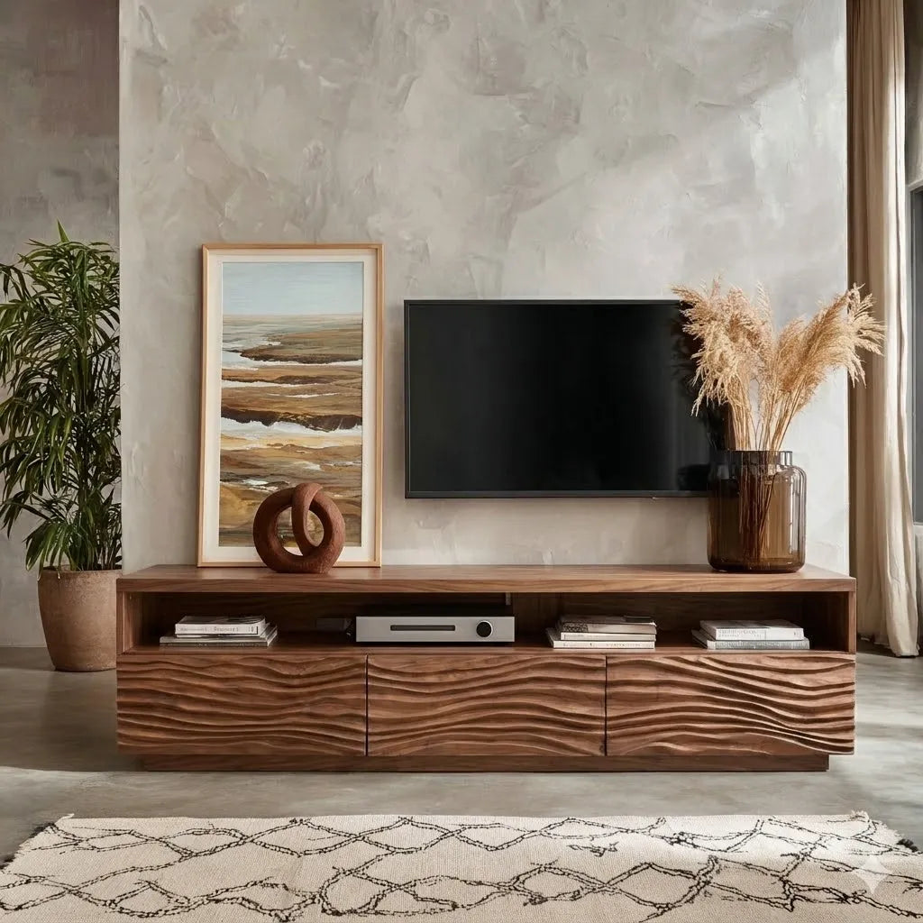 Modern Natural Solid Wood TV Stand with Wave Front Cabinet Design