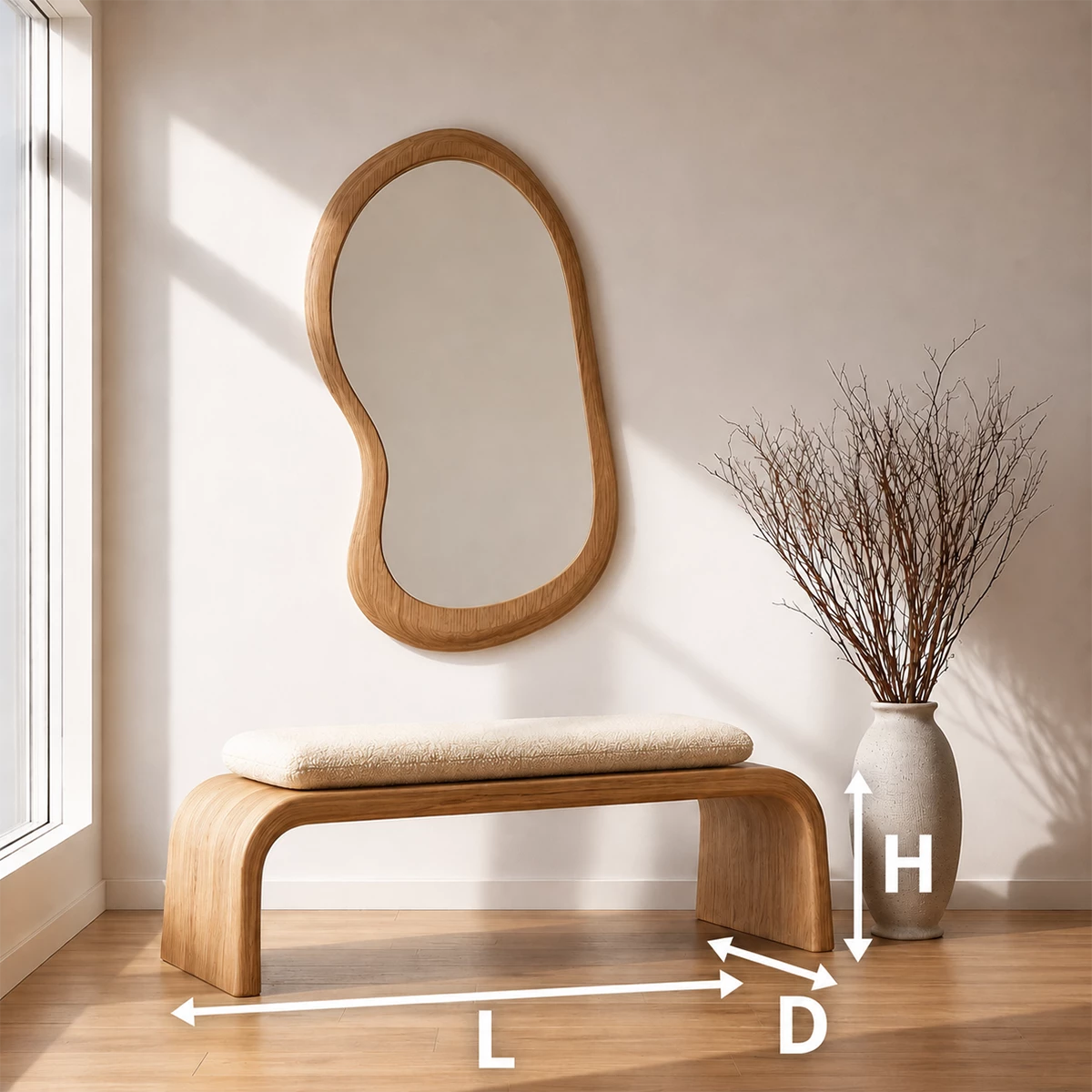 Upholstered Curved Wood Bench – Modern Entryway Bench with Natural Wood Frame