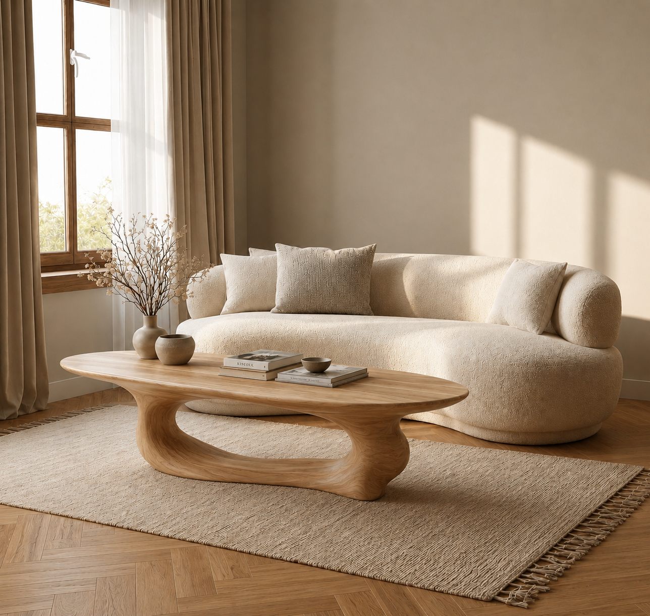 Organic Wave Wood Coffee Table – Sculptural Natural Wood Center Table for Modern Living Room