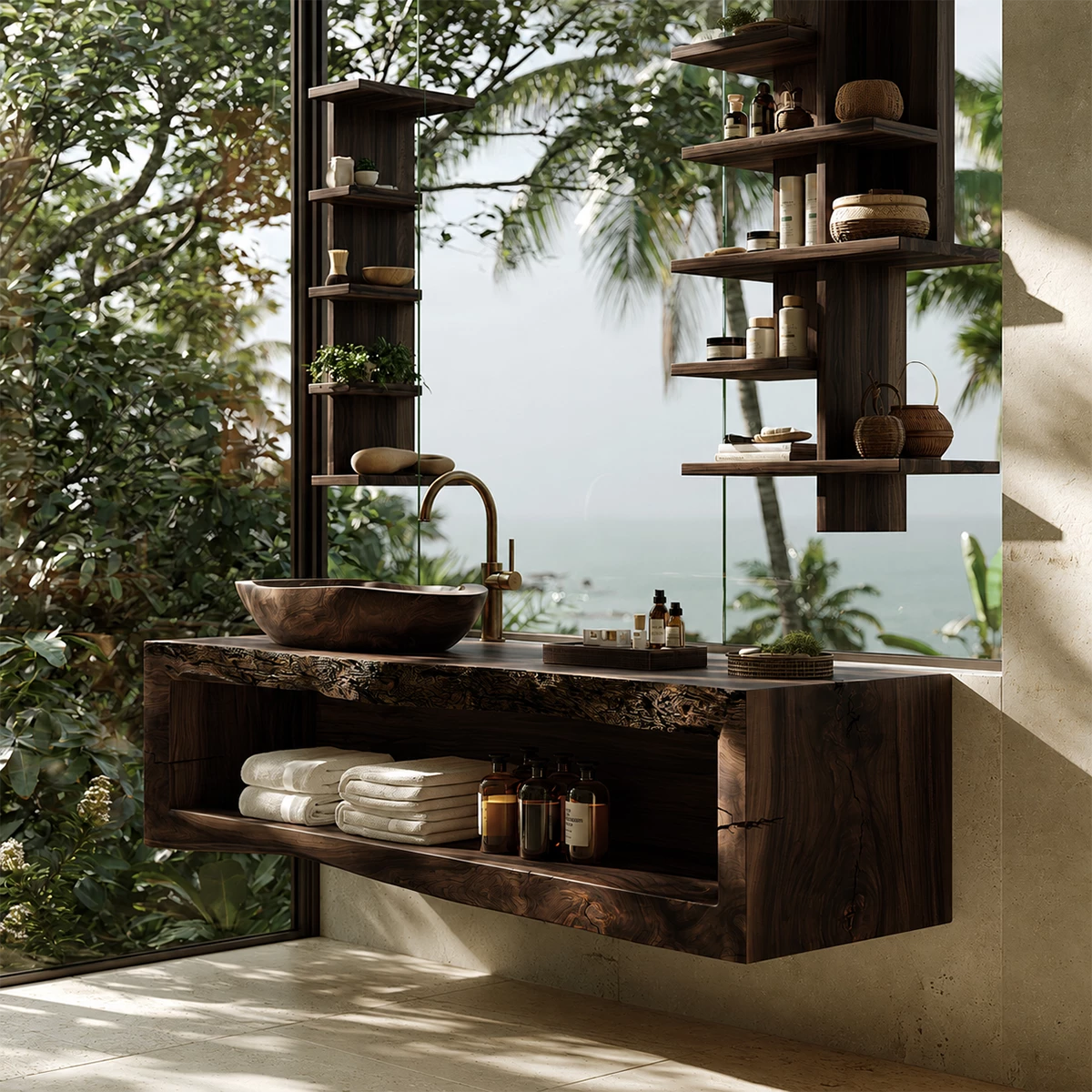 Natural Solid Wood Floating Bathroom Vanity with Full Width Open Shelf
