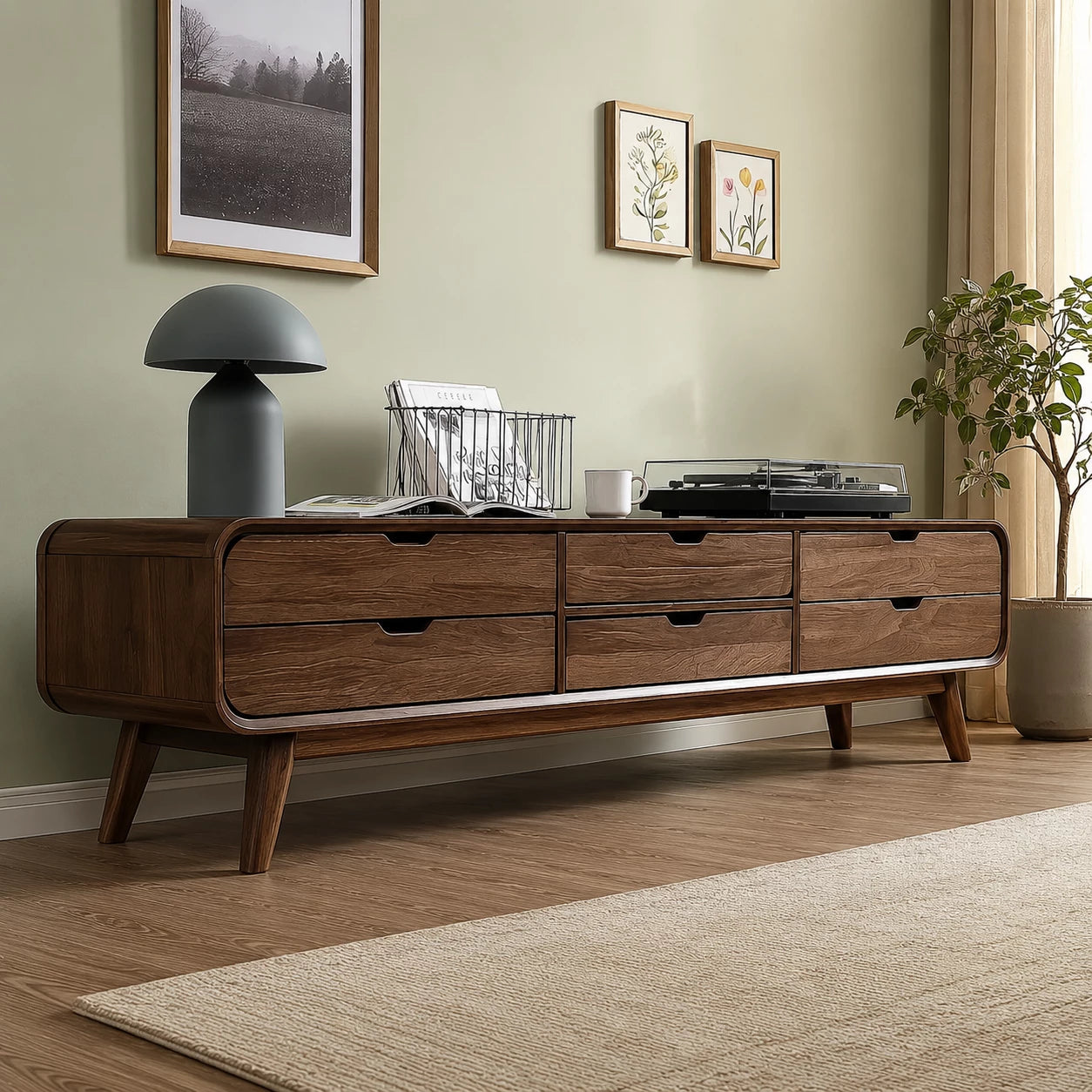 Mid Century Natural Solid Wood TV Stand with Six Drawer Storage