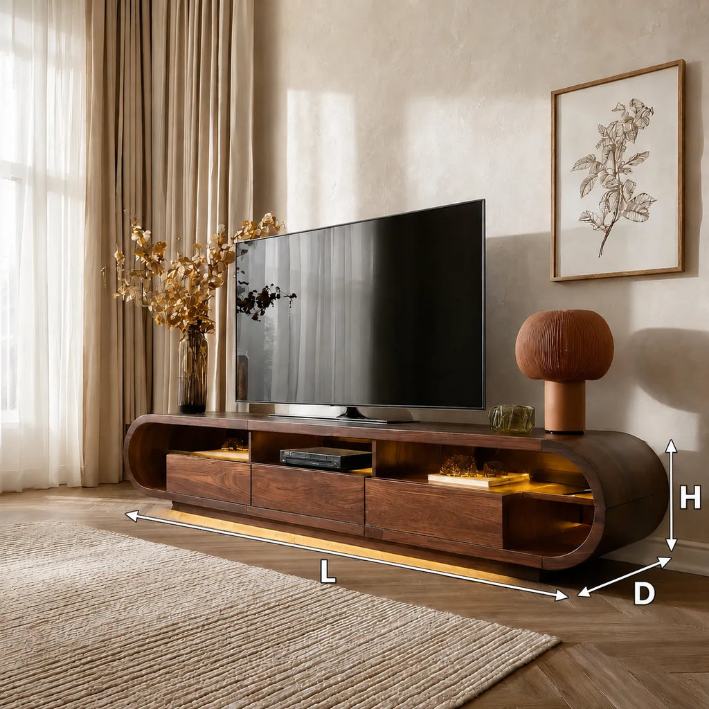 Rounded Edge TV Stand with Open Shelving and Drawer Storage Console
