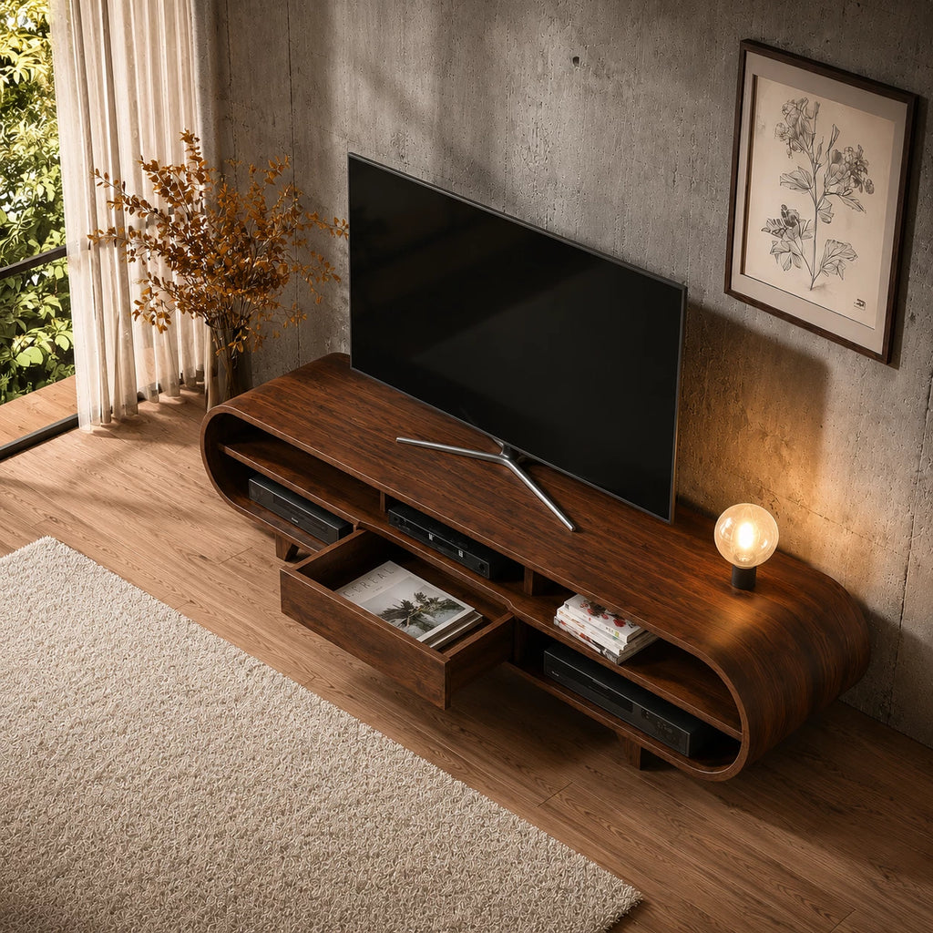 Rounded Edge Natural Solid Wood TV Stand with Open Media Storage