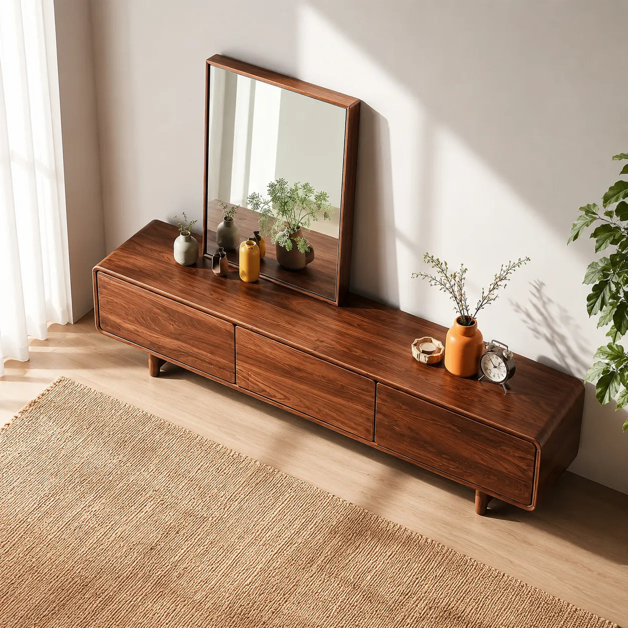 Contemporary Natural Solid Wood TV Stand with Concealed Storage