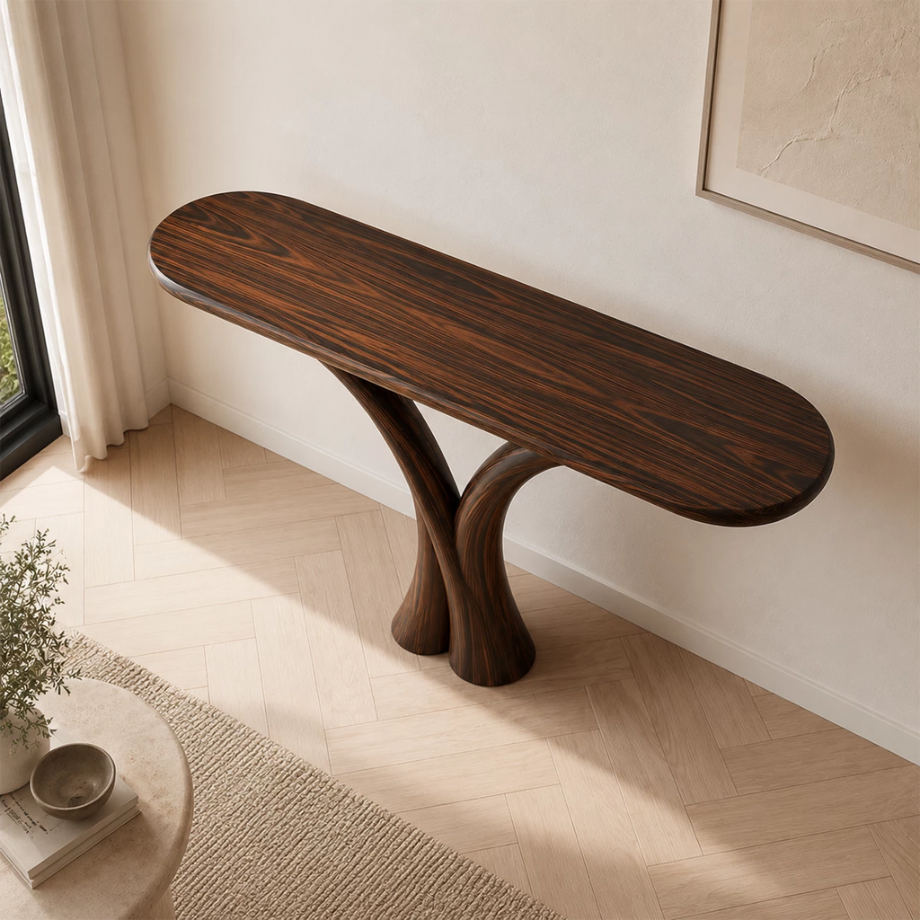 Sculptural Twin Arch Console Table in Natural Solid Wood
