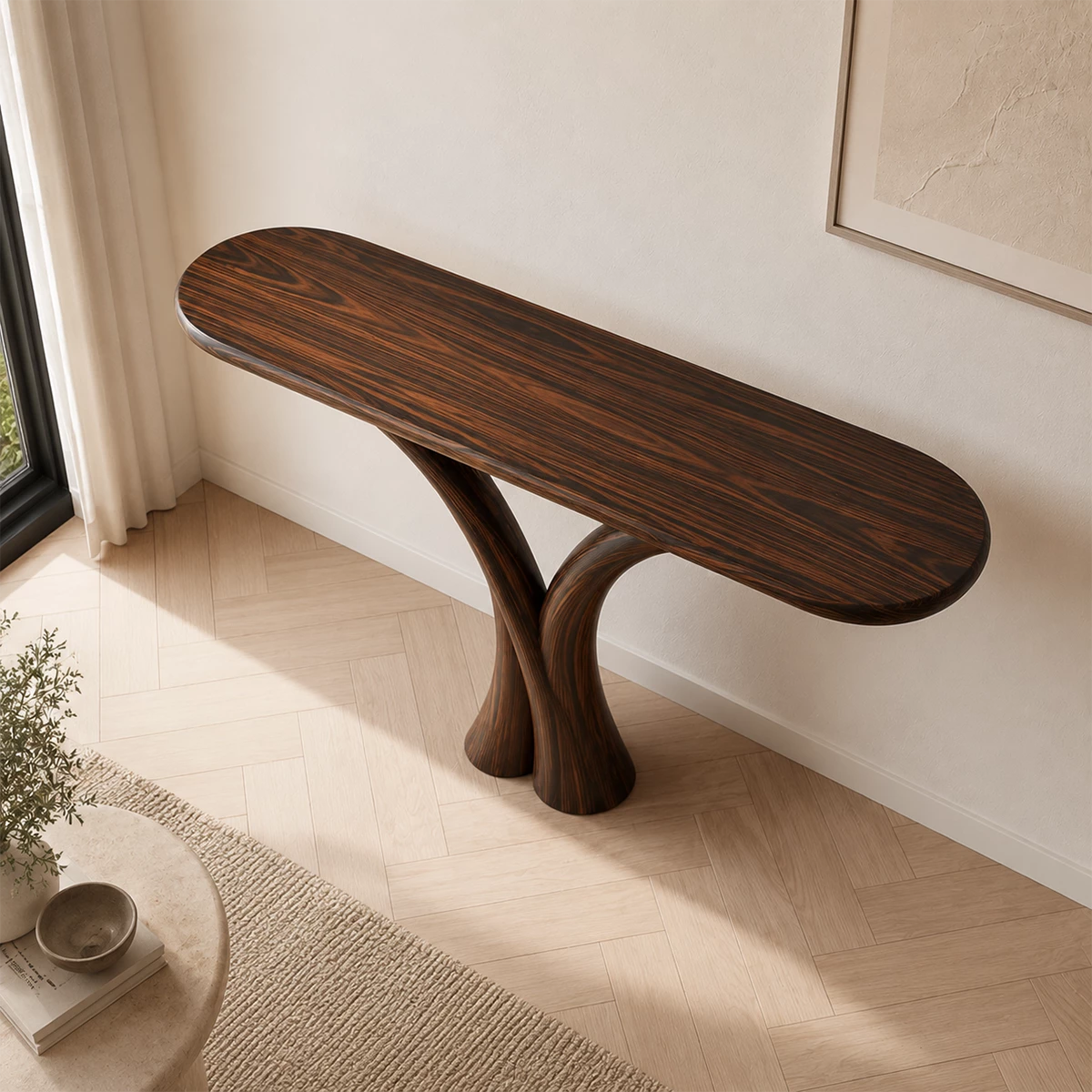 Sculptural Twin Arch Console Table in Natural Solid Wood