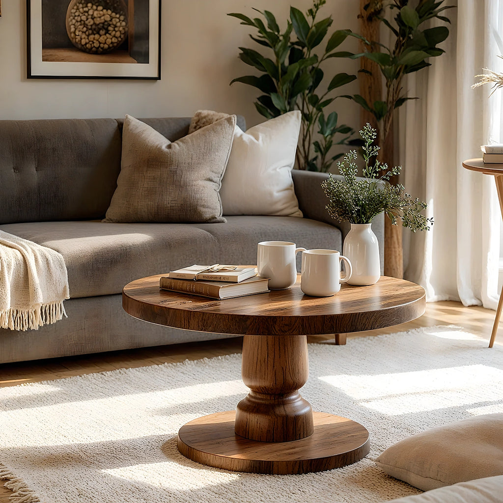Natural Solid Wood Round Coffee Table – Sculptural Pedestal Style