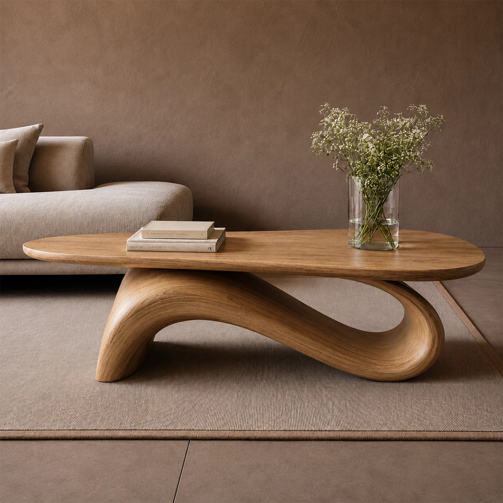 Organic Wave Wood Coffee Table – Sculptural Natural Wood Center Table for Modern Living Room