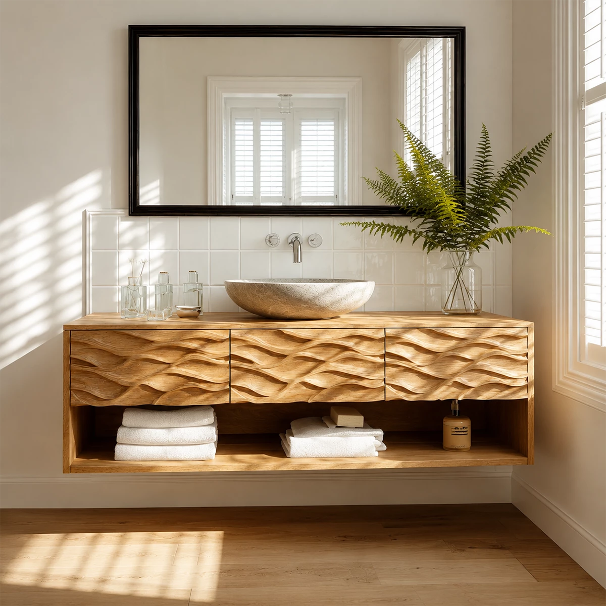 Floating Solid Wood Bathroom Vanity with Carved Wave Front and Open Shelf