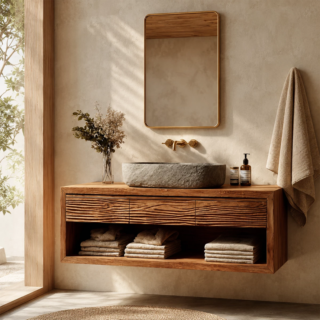 Floating Bathroom Vanity with Textured Wood Drawers and Open Shelf in Natural Solid Wood