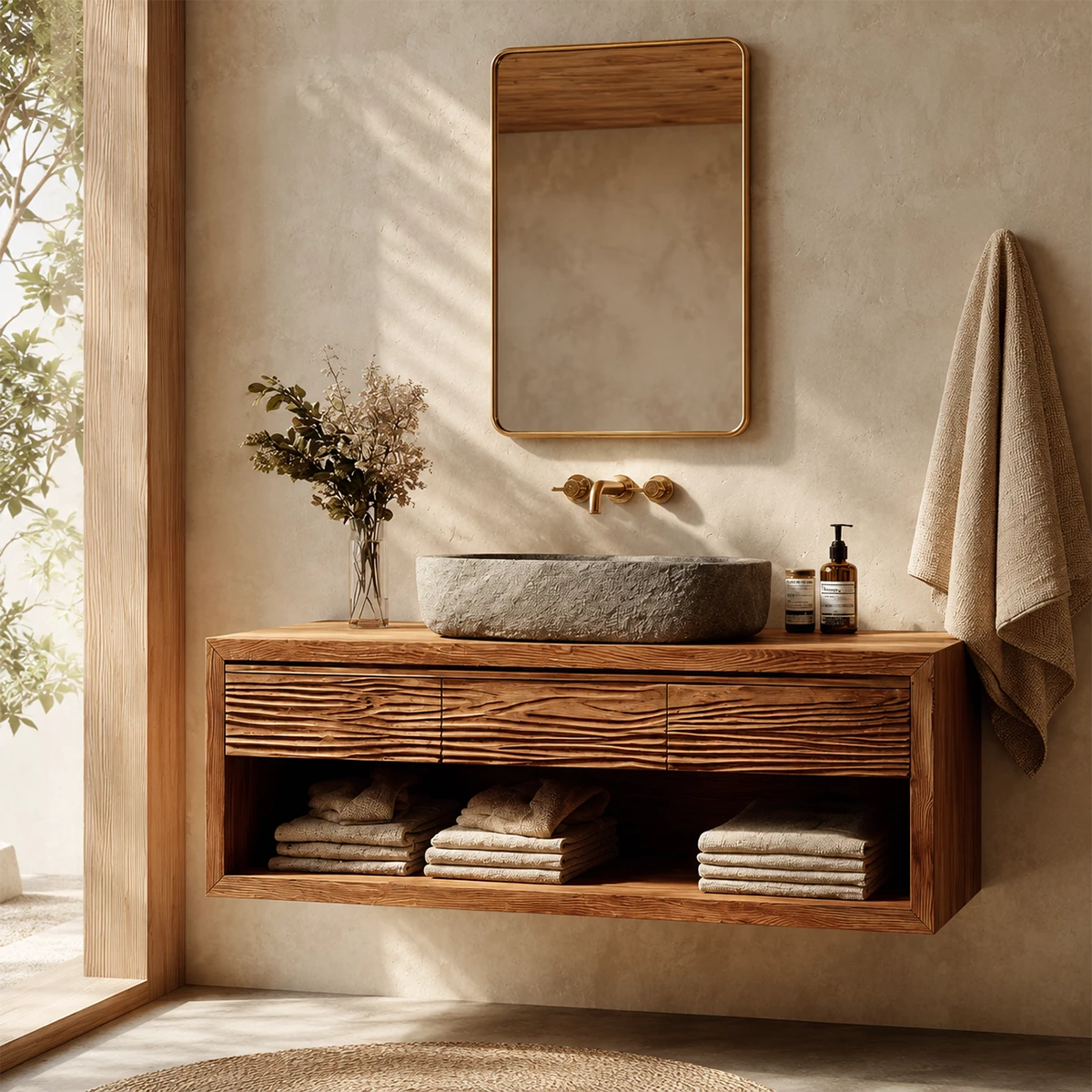 Floating Bathroom Vanity with Textured Wood Drawers and Open Shelf in Natural Solid Wood