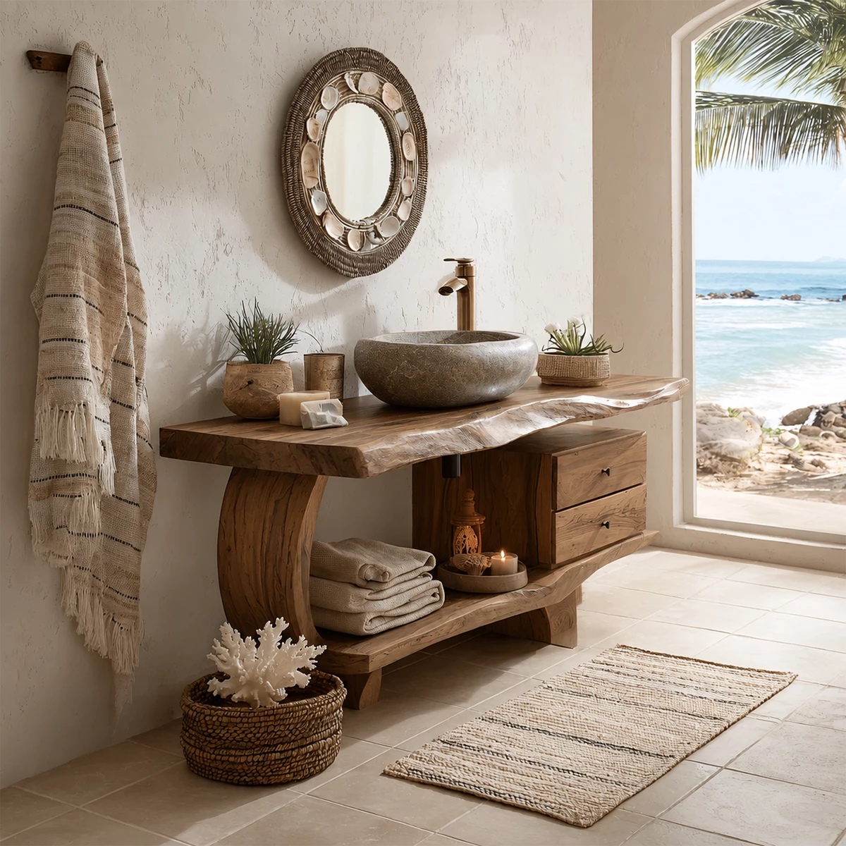 Live Edge Bathroom Vanity with Curved Open Shelf in Natural Solid Wood