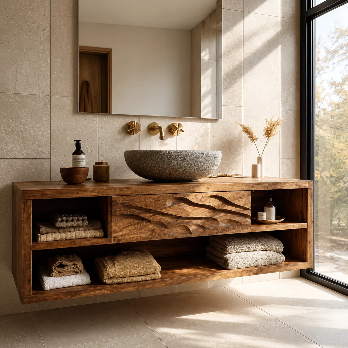 Floating Bathroom Vanity with Wave-Carved Drawer in Natural Solid Wood
