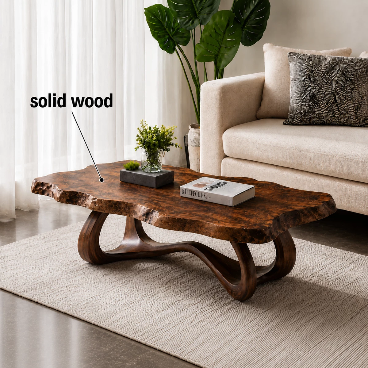 Live Edge Burl Wood Coffee Table – Sculptural Natural Wood Center Table for Modern Living Room
