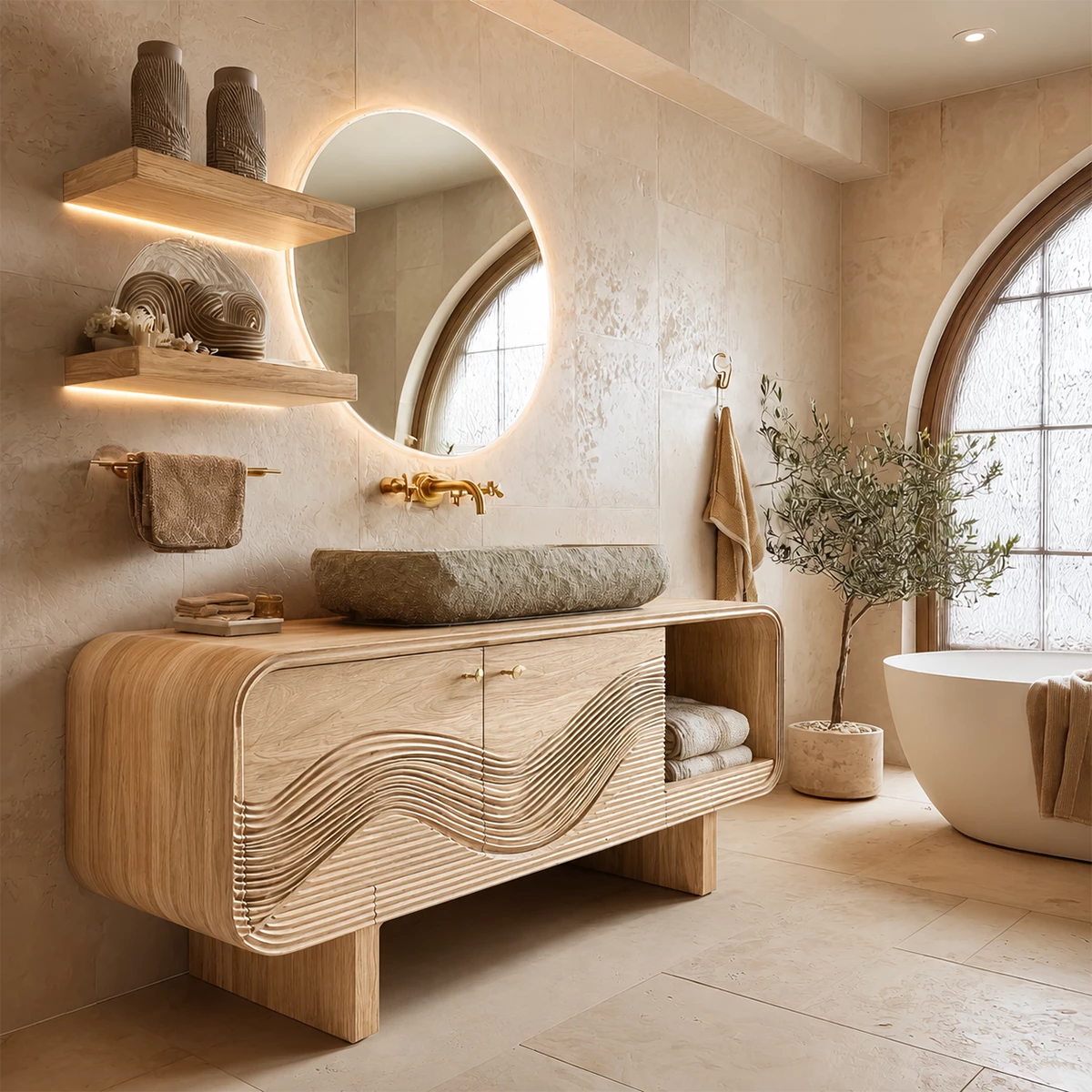 Modern Solid Wood Bathroom Vanity with Sculpted Wave Front and Open Shelf