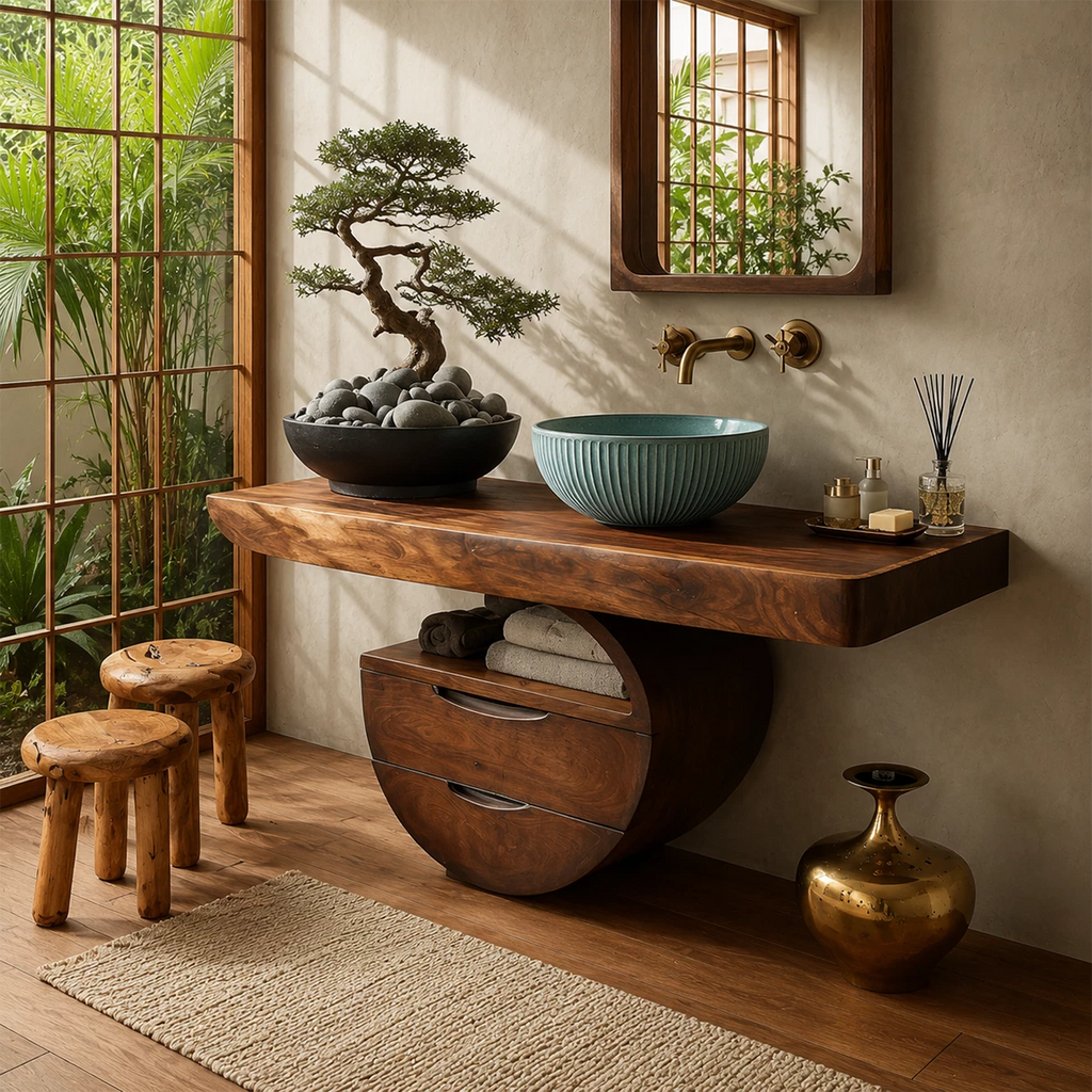 Sculptural Floating Bathroom Vanity with Curved Storage Base in Natural Solid Wood