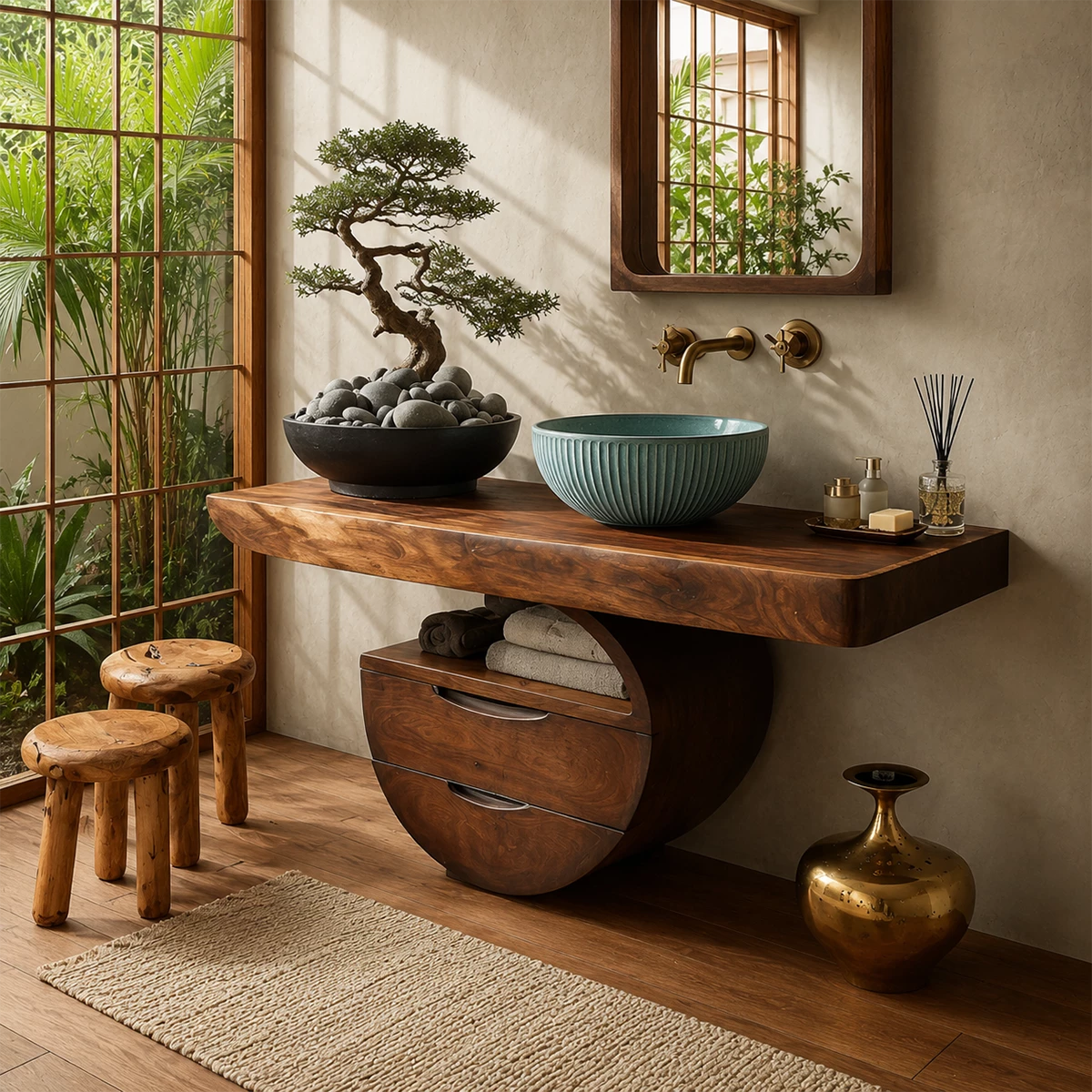 Sculptural Floating Bathroom Vanity with Curved Storage Base in Natural Solid Wood