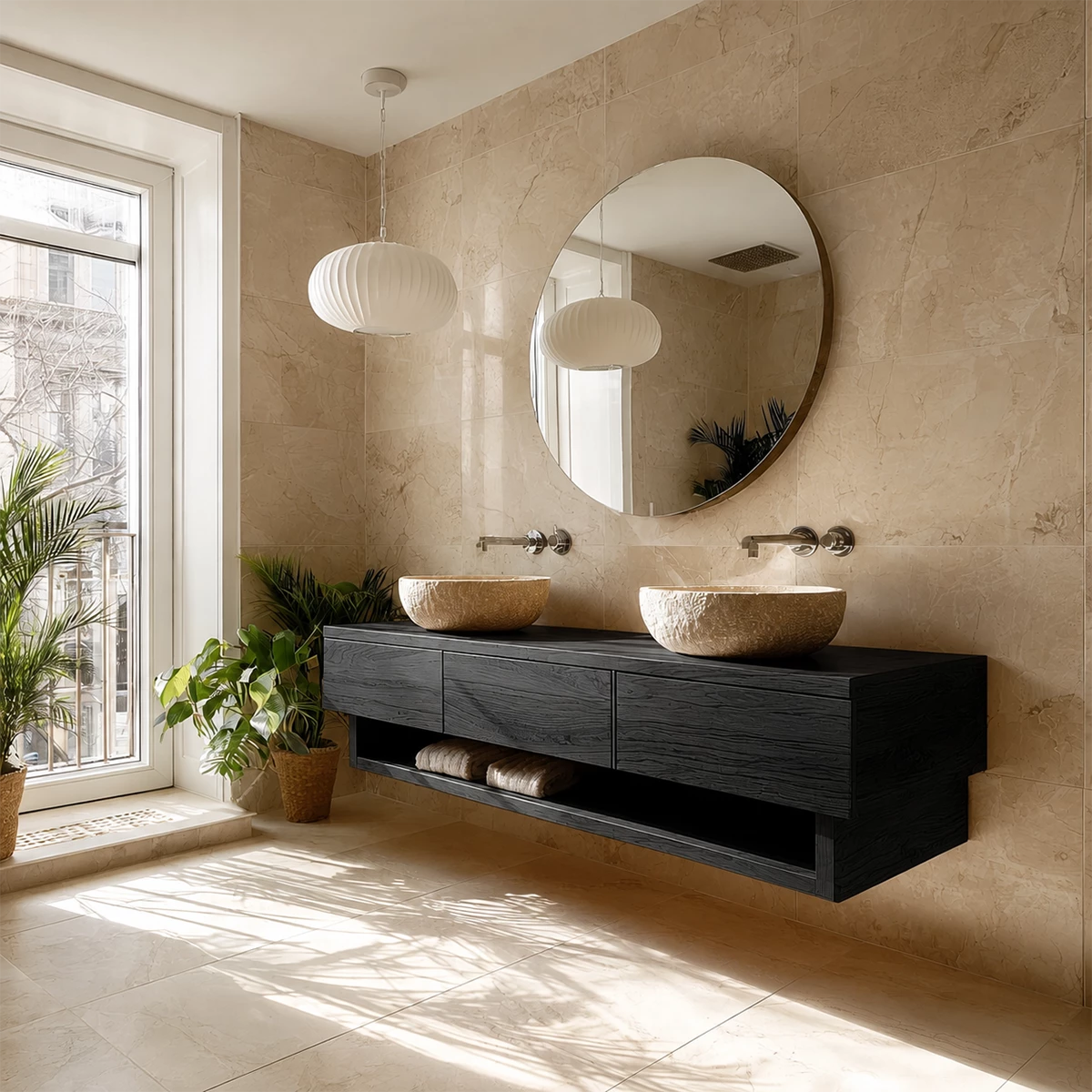 Double Sink Floating Bathroom Vanity with Open Shelf in Natural Solid Wood