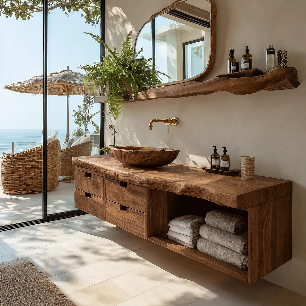 Floating Live Edge Solid Wood Bathroom Vanity with Four Drawers and Open Shelf