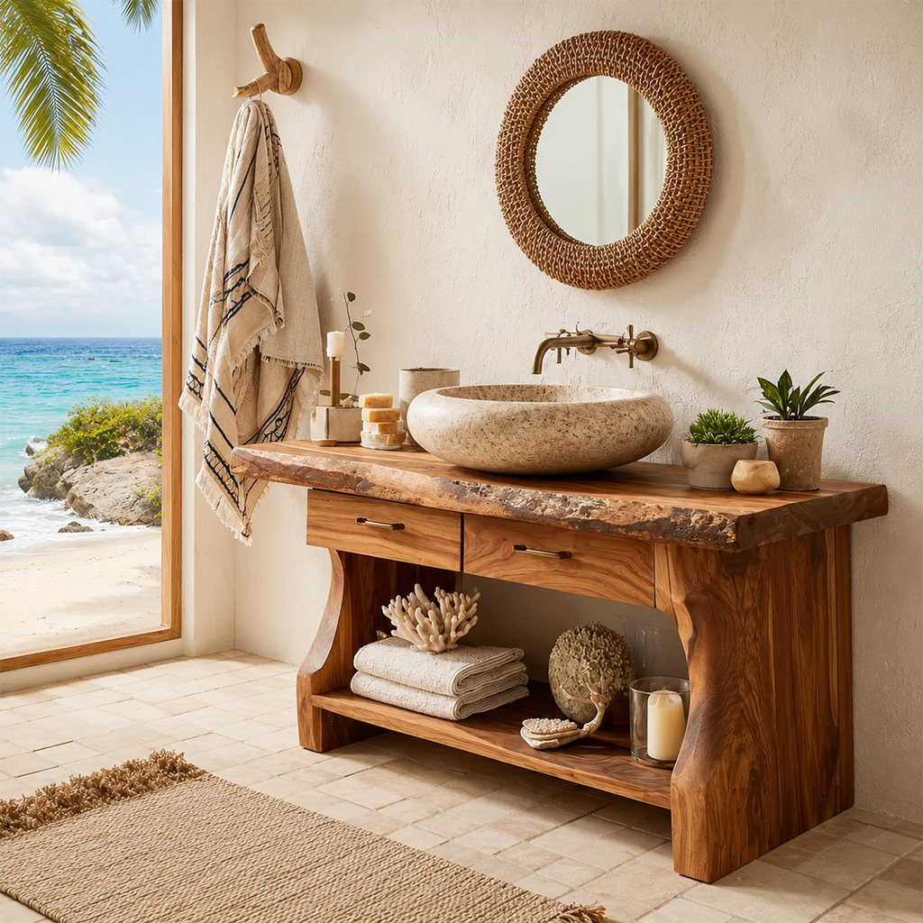 Live Edge Bathroom Vanity with Open Shelf in Natural Solid Wood