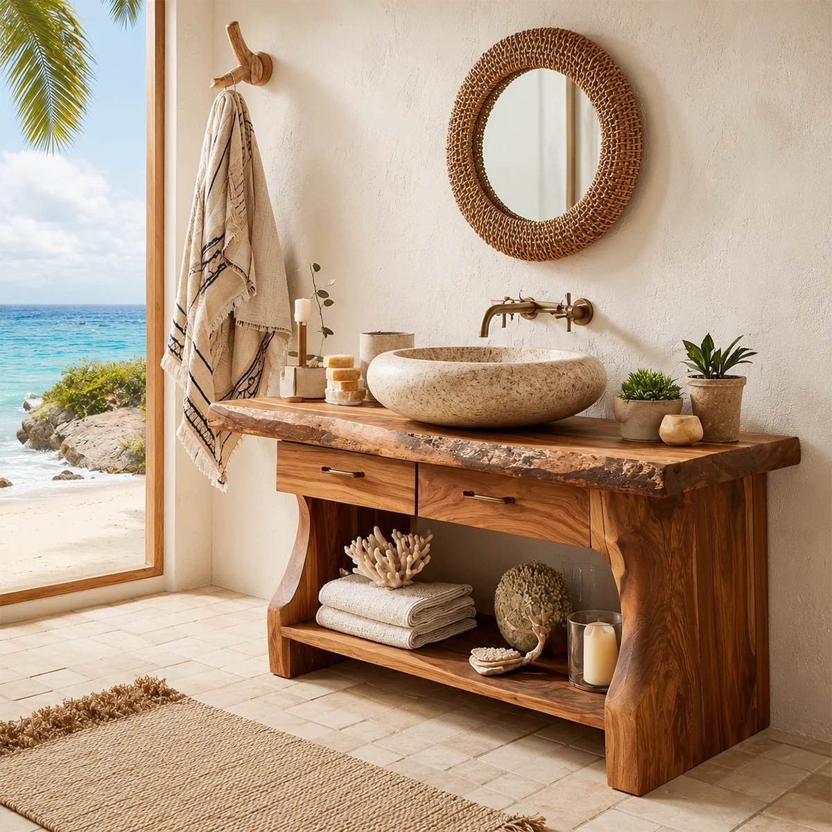 Live Edge Bathroom Vanity with Open Shelf in Natural Solid Wood
