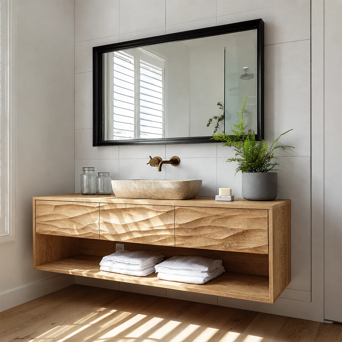 Floating Bathroom Vanity with Hand-Carved Wave Drawers in Natural Solid Wood