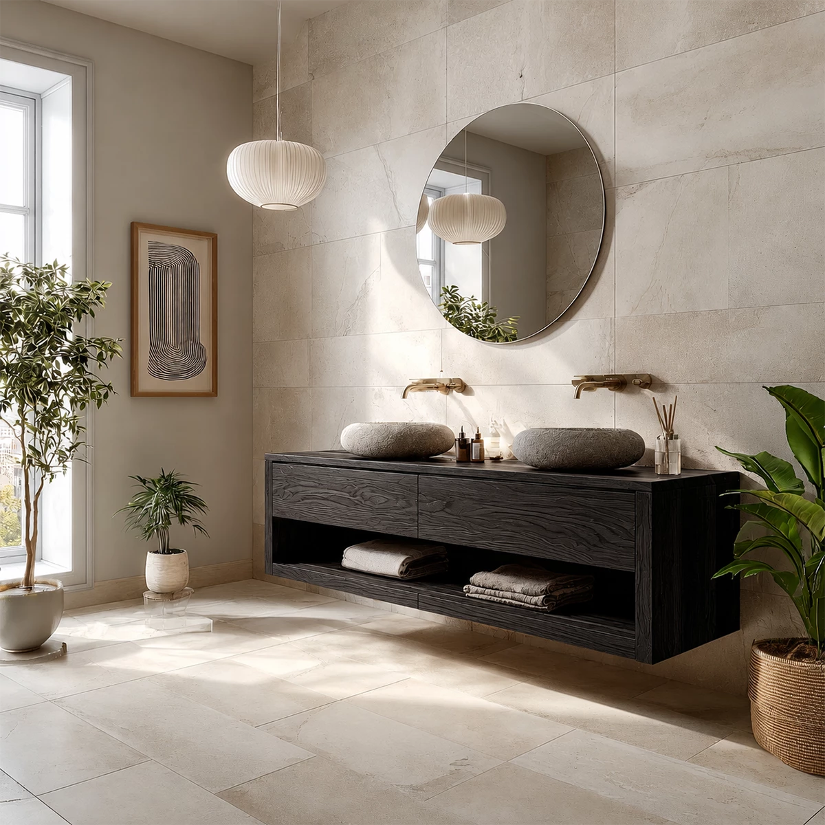 Floating Double Sink Solid Wood Bathroom Vanity with Open Shelf Storage