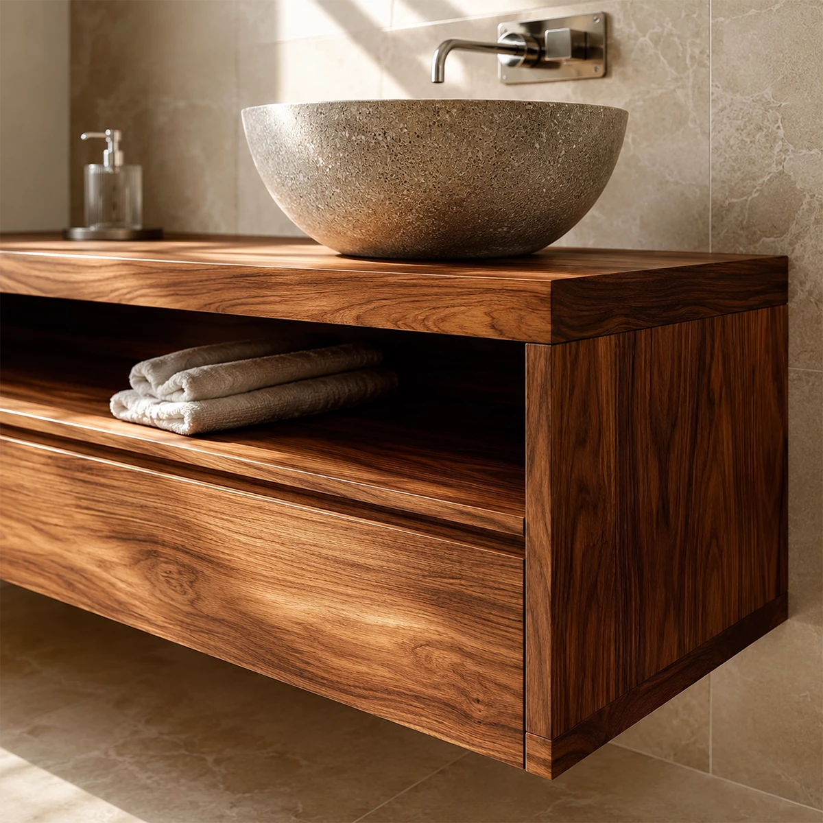 Double Sink Floating Bathroom Vanity with Open Shelf in Natural Solid Wood